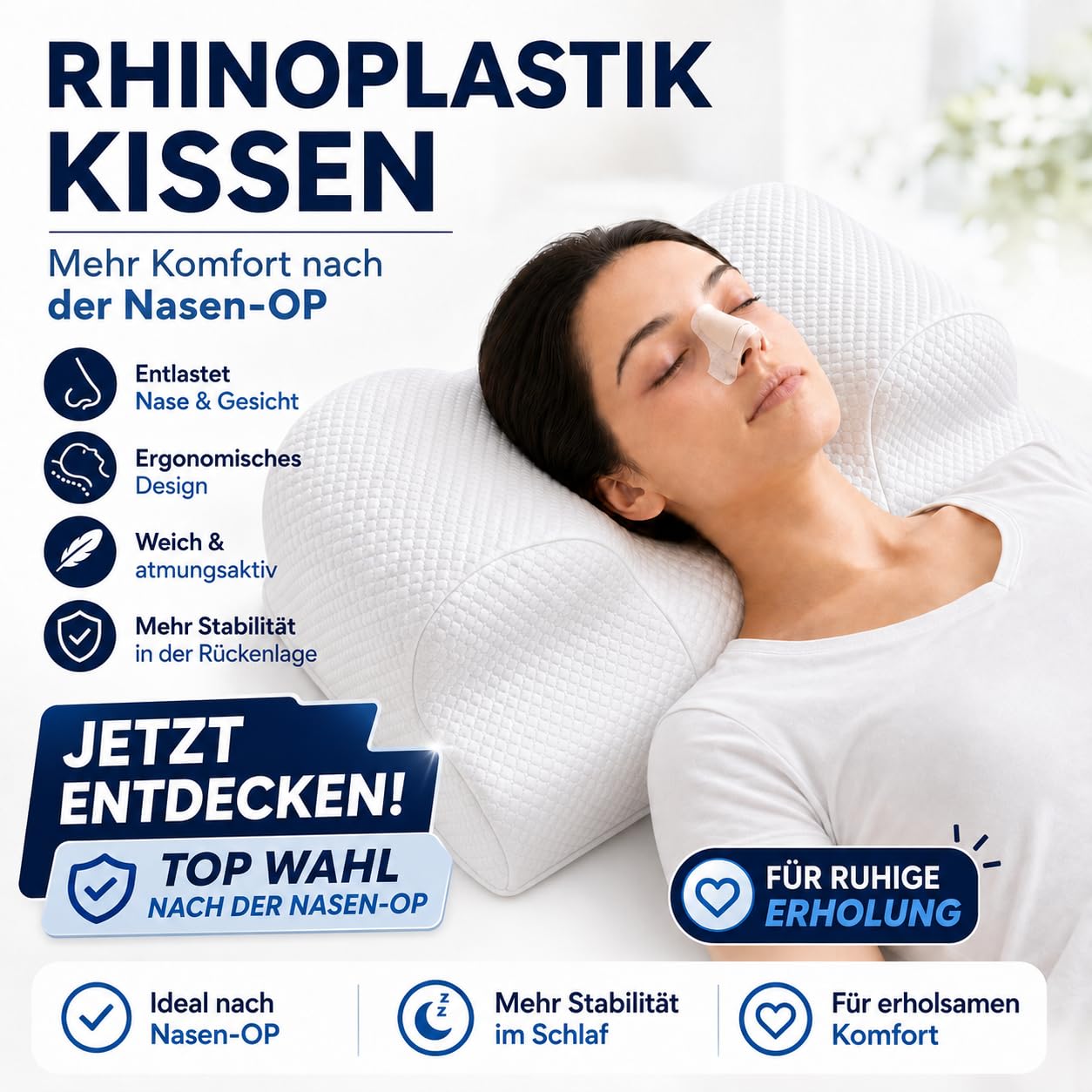 RelaxSleep Rückenschläferkissen Premium, ergonomisches Anti-Falten Kissen für stabile Rückenlage, nach Haartransplantation, Nasen-OP, Brust-OP, Botox & Beauty