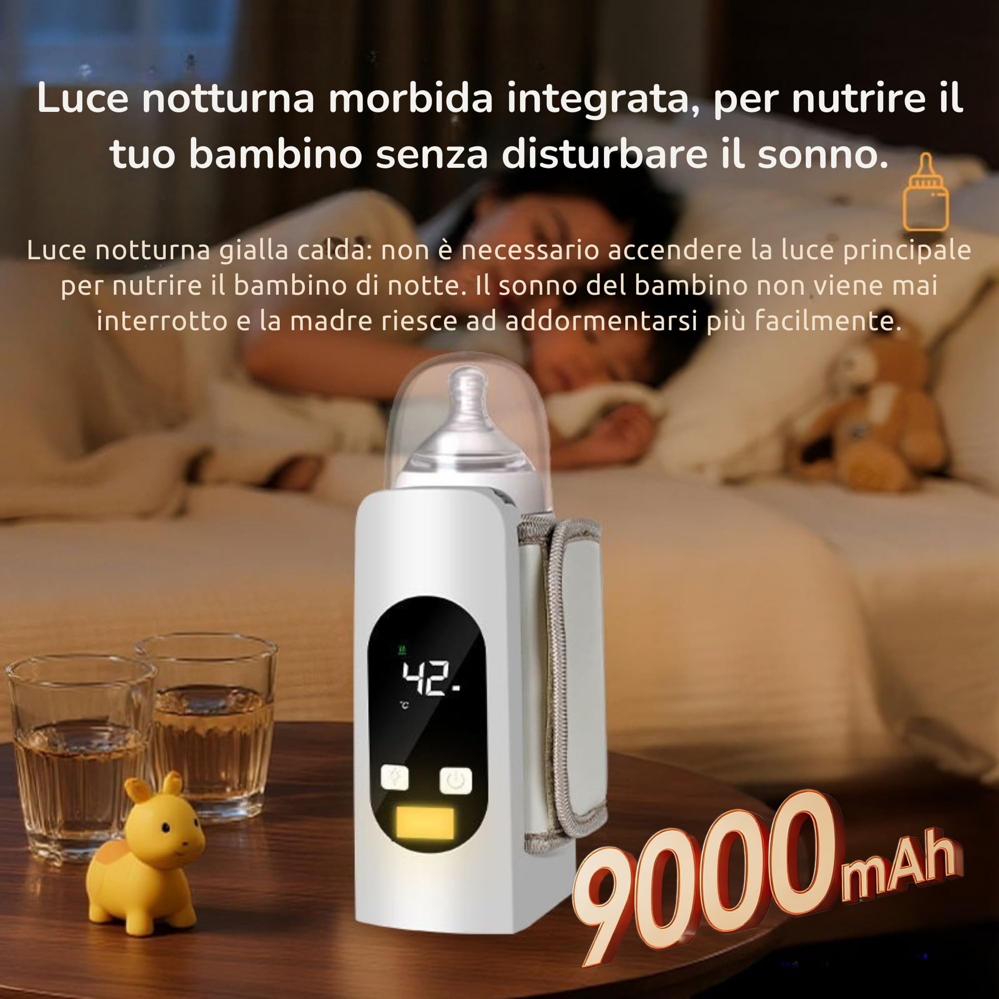 Smartia – Scaldabiberon portatile universale, batteria da 9.000 mAh e resistente ai liquidi, scaldabiberon con display LED e luce notturna per il tuo bambino, 6 livelli di temperatura, Cert. CE e RoHS