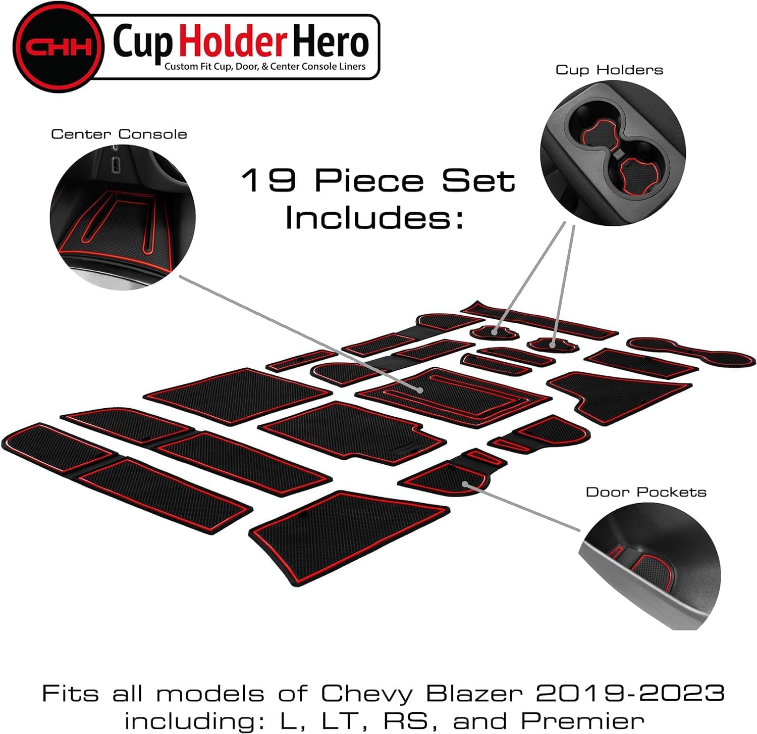 CupHolderHero Fits with Chevy Blazer Accessories 2019-2023 Premium Custom Interior Non-Slip Anti Dust Cup Holder Inserts, Center Console Liner Mats, Door Pocket Liners 19pc Set (Red Trim)