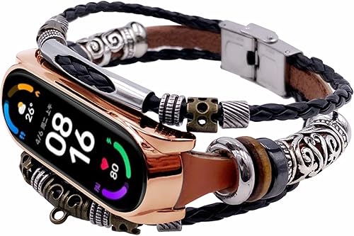 GhrKwiew Pulsera Mi Band 6, hecha a mano con cuentas tejidas, correa de reloj de estilo étnico vintage con marco de metal, correa ajustable de 160 a