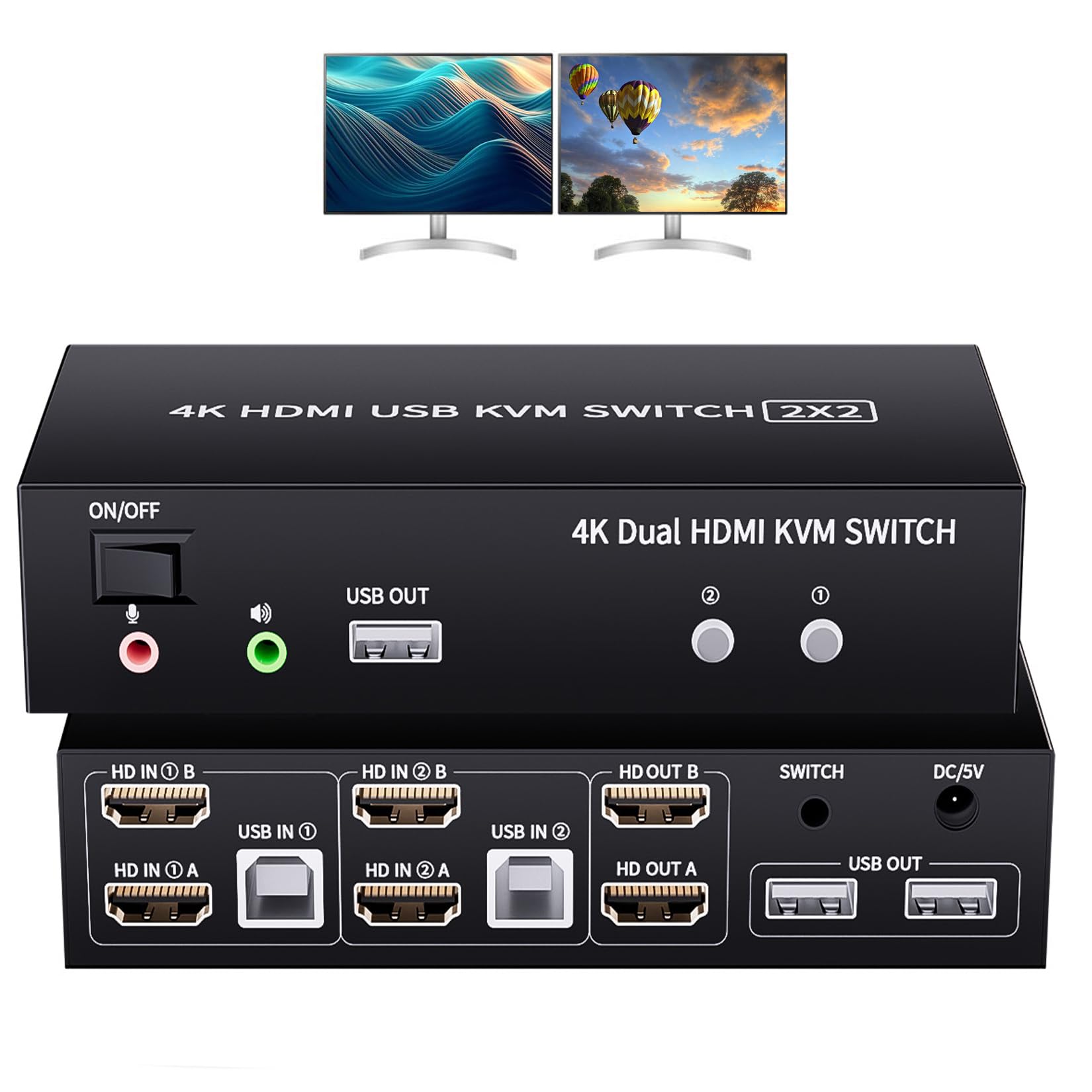 Conmutador KVM de doble monitor de 2 puertos, conmutador KVM 4K a 60Hz, 2 monitores, 2 computadoras, conmutador HDMI de doble monitor KVM 2x2 para 2 computadoras Comparte 2 pantallas y 5 puertos USB