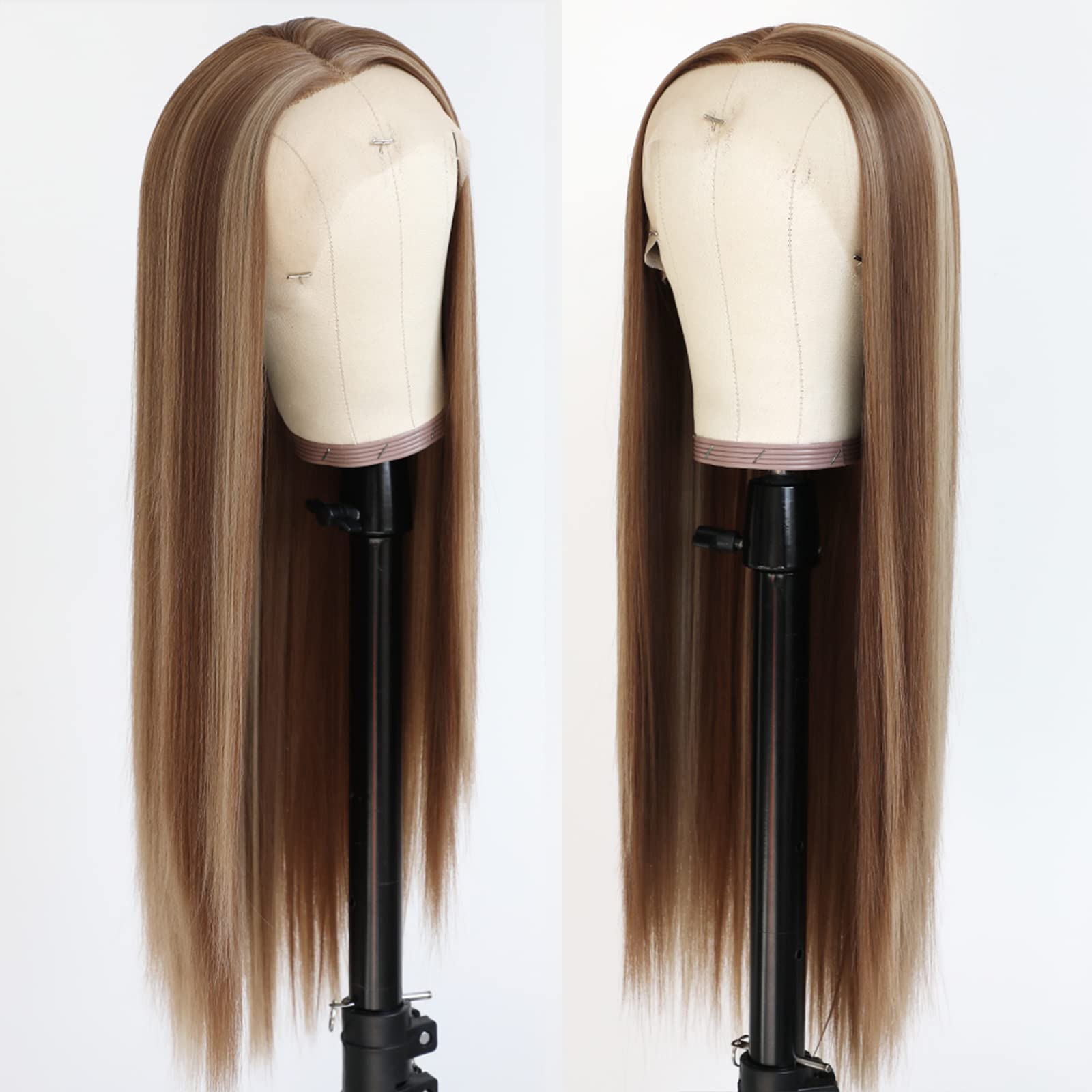 Ombre Highlight Synthetic Lace Front Wigs SIlky Straight Light Brown Highlight Blonde Heat Resistant Lace Front Wig for Fashion Women