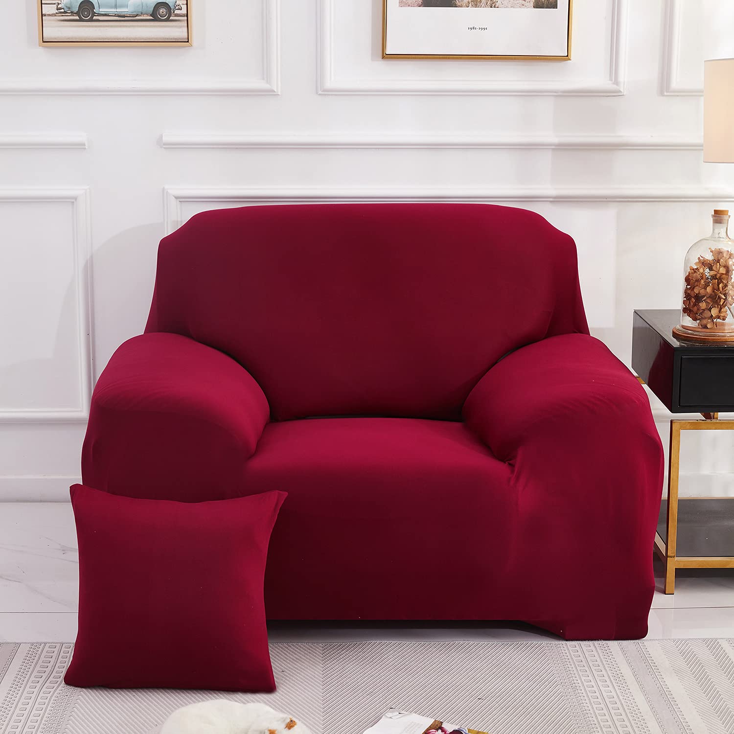 D&D Stretch Sofa Slipcover, compatible 1/2/3/4-seater sofa, Spandex Non Slip Soft Couch Sofa Cover, Stretch fabric sofa cover, Washable Furniture Protector, Elastic Non Skid Bottom (1-seater,Red wine)