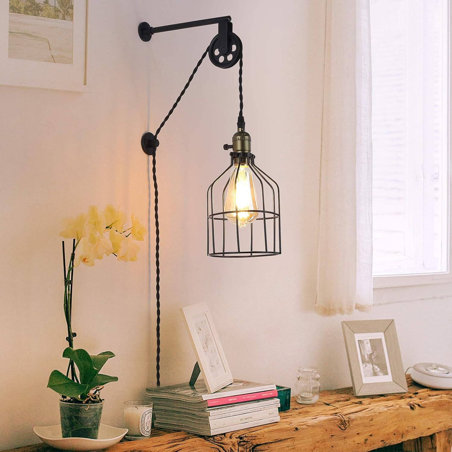 Antique Cage Hanging Wall Sconces Plug in for Bedroom Living Room , Adjustable Pulley Wall Lamp Light Fixture for Bedside Reading ,Farmhouse Industrial Mid Century Wall Décor (no Bulb)