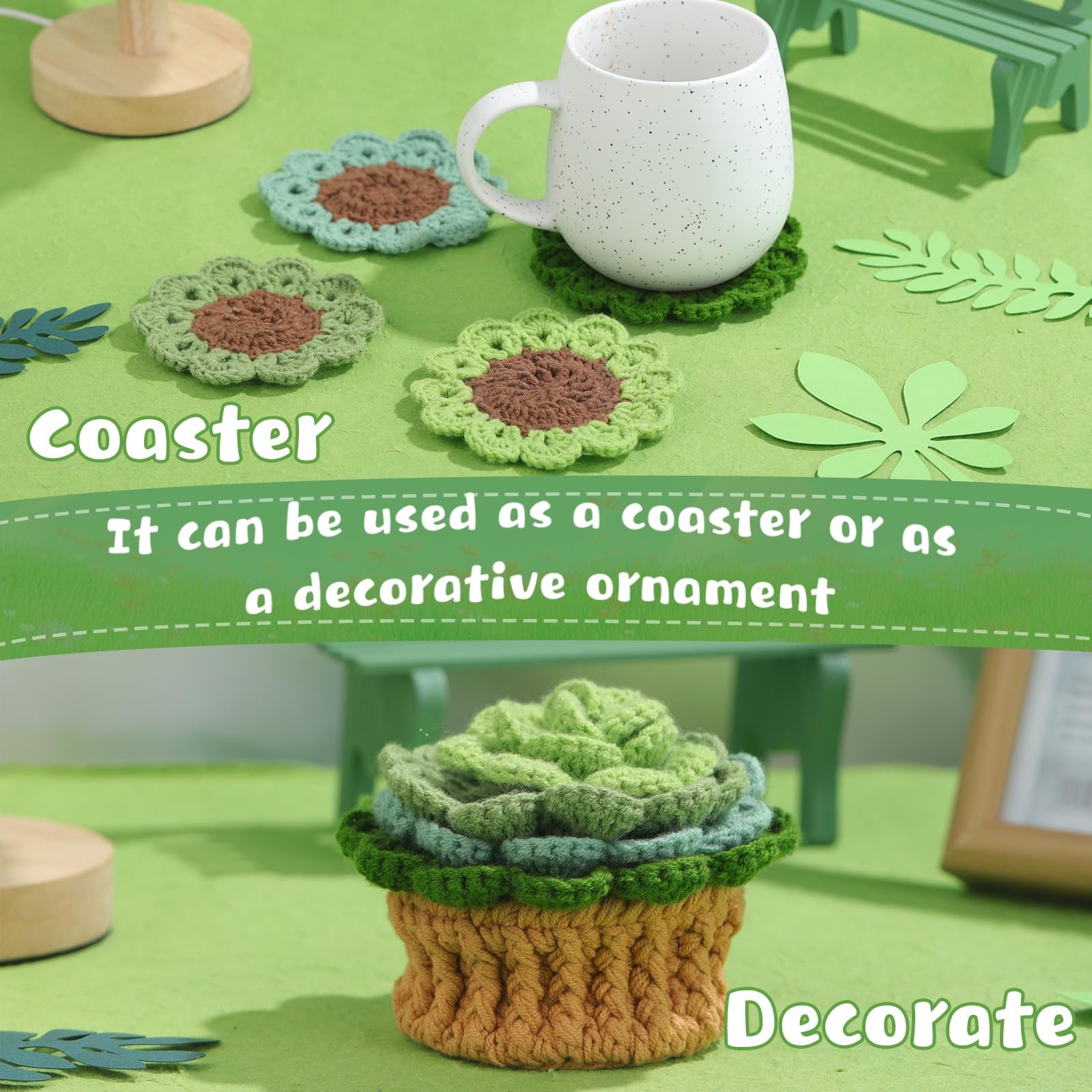 Beginner Crochet Kit - Green Plant Coasters -6