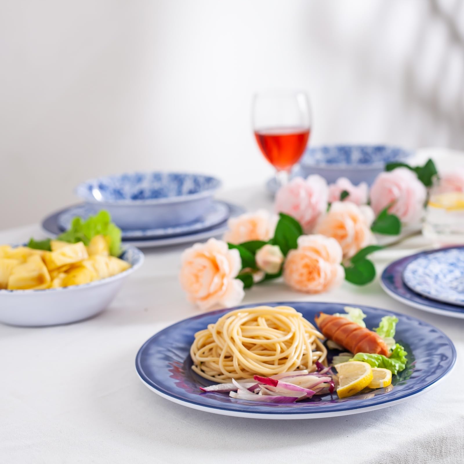 Amazon.co.jp: メラミン食器セット、4人用12点サービス、青と白の磁器