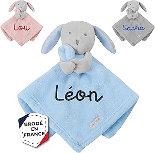 KDO MAGIC Doudou personnalisé avec prénom - Peluche Lapin Fille, garçon Personnalisable - Cadeau de Naissance, Anniversaire, baptême, bébé, Enfant (Bleu)