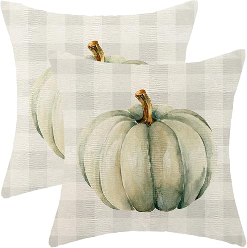 Juego de 2 fundas de almohada de otoño de 18 x 18 pulgadas, color crema de calabaza y búfalo a cuadros, decoración de otoño, de lino, Acción de