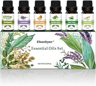 Coffret d'huiles essentielles - Top 6 des huiles d'aromathérapie en coffret cadeau, 6 flacons de 10ml (Menthe poivrée, Arbre à thé, Lavande, Eucalyptus, Citronnelle, Orange) pour diffuseurs, parfum d'