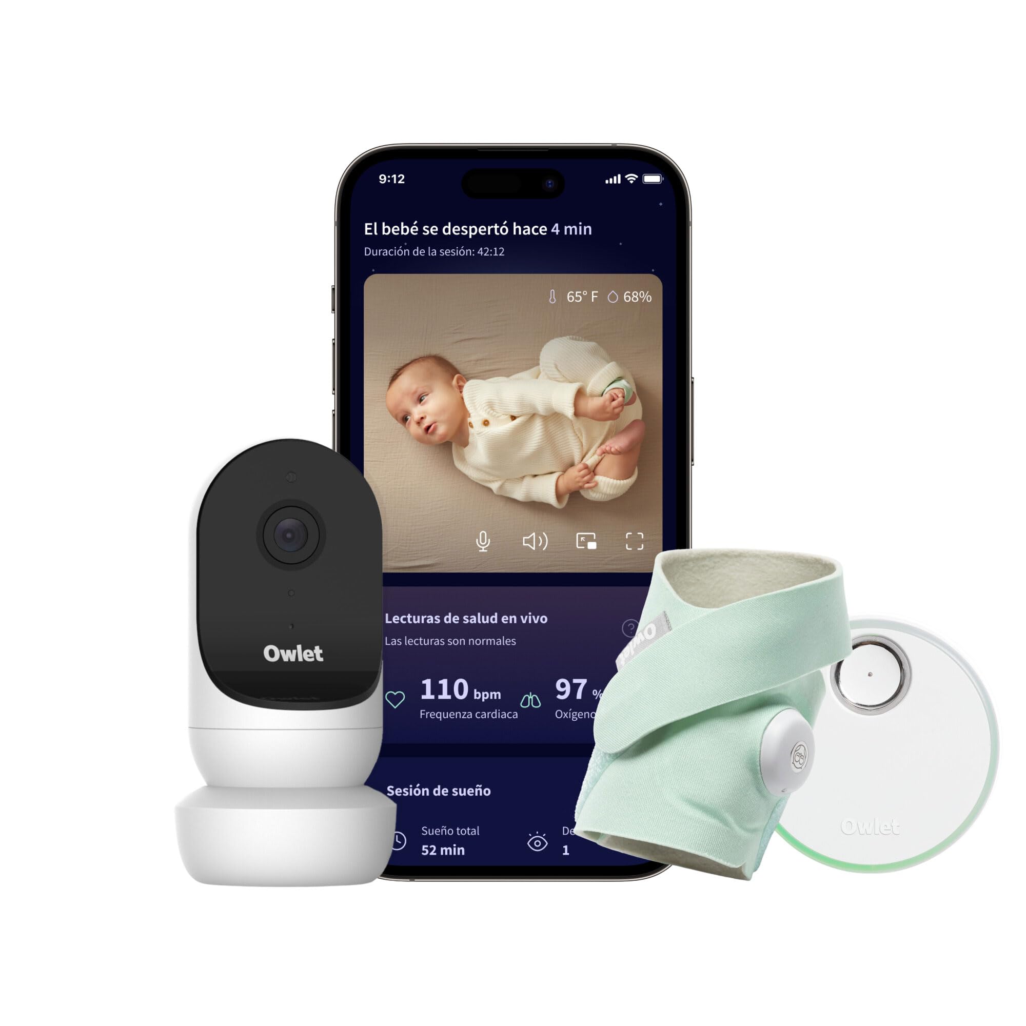 Owlet Dream Duo 2 Bundle- Vigilabebés Inteligente: Dream Sock y Owlet CAM 2 - Seguimiento de lecturas de Salud y Video en Vivo - Verde (Mint)