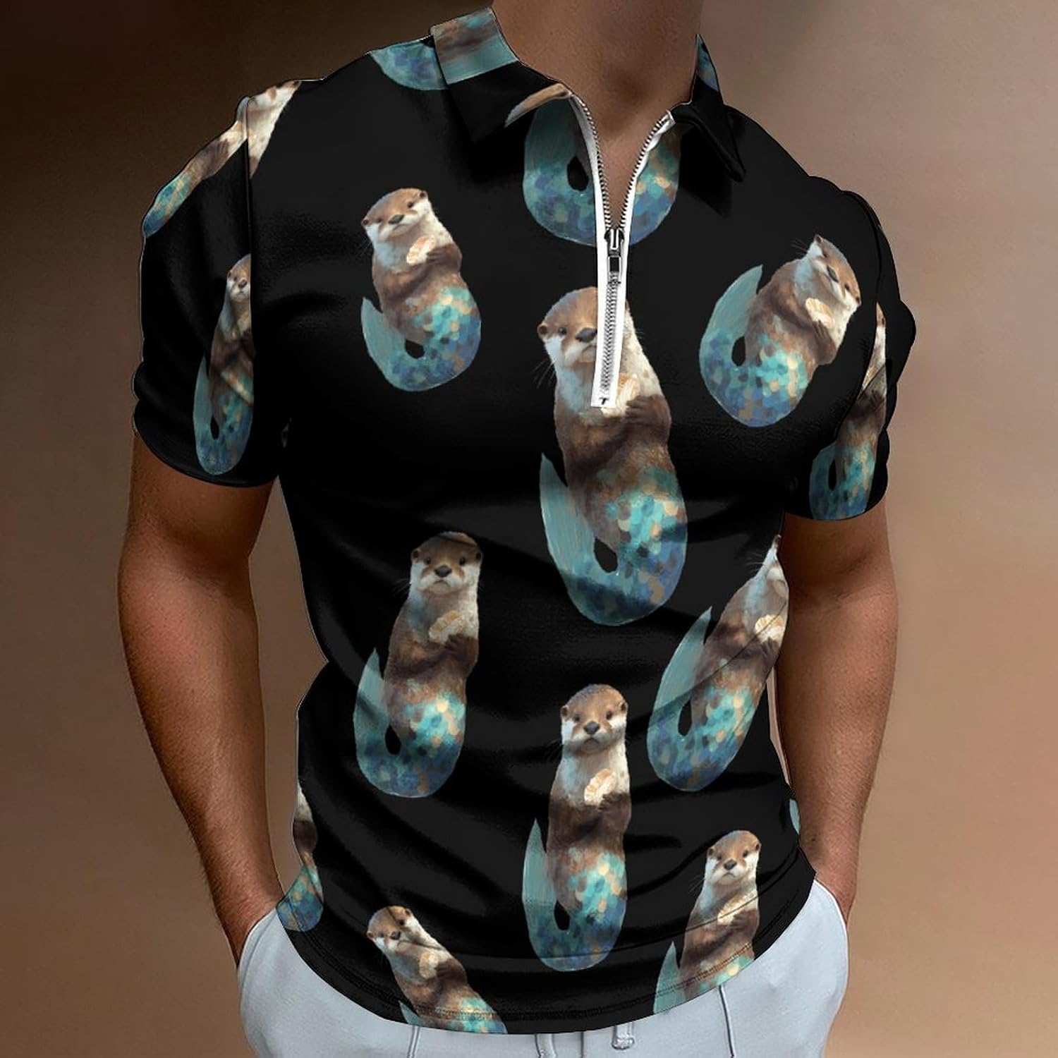 Otter Mermaid Polo Shirts for Men Short Sleeve Athletic Golf Tees Tops | Casual Summer Zippered V Neck Mens T-shirts Sports Quick Dry Tennis