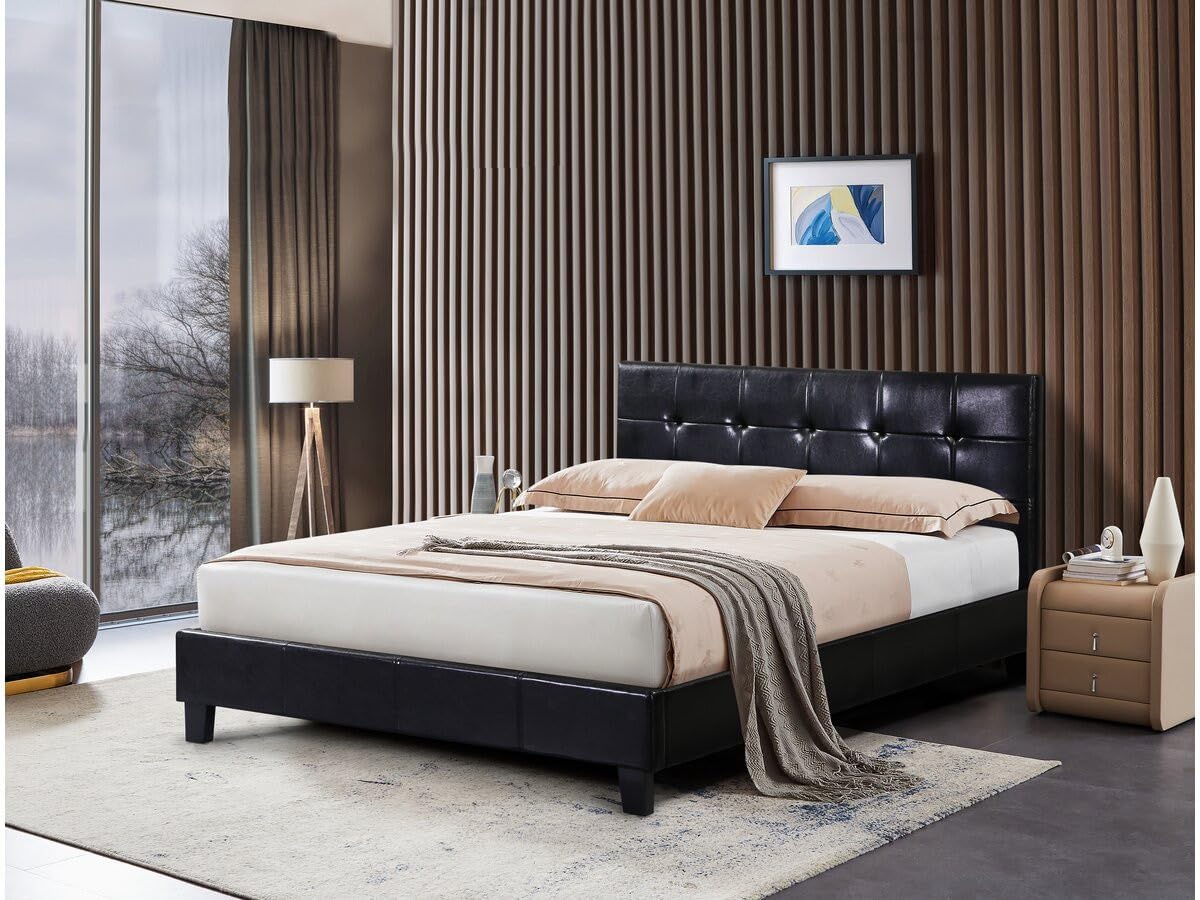 Habitat et Jardin - Lit Double Julia en Simili Noir 140 x 190 cm | Cadre de Lit 2 Places | Sommier et Tête de Lit Inclus | Support à Lattes en Bois
