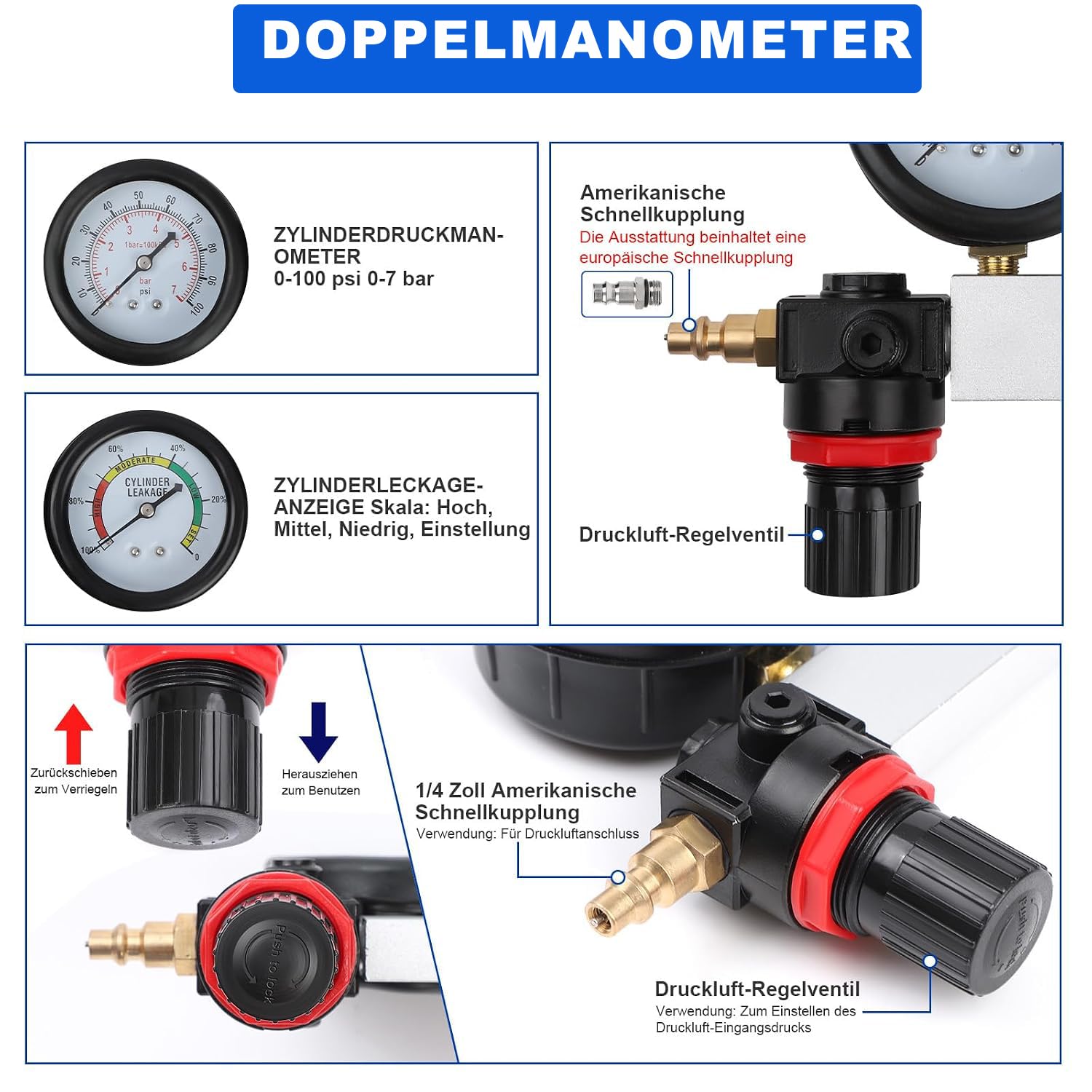 Comprobador de compresión de motor de gasolina, doble manómetro, 0-100 psi, 0-7 bar | Compresión de motor de gasolina, doble manómetro