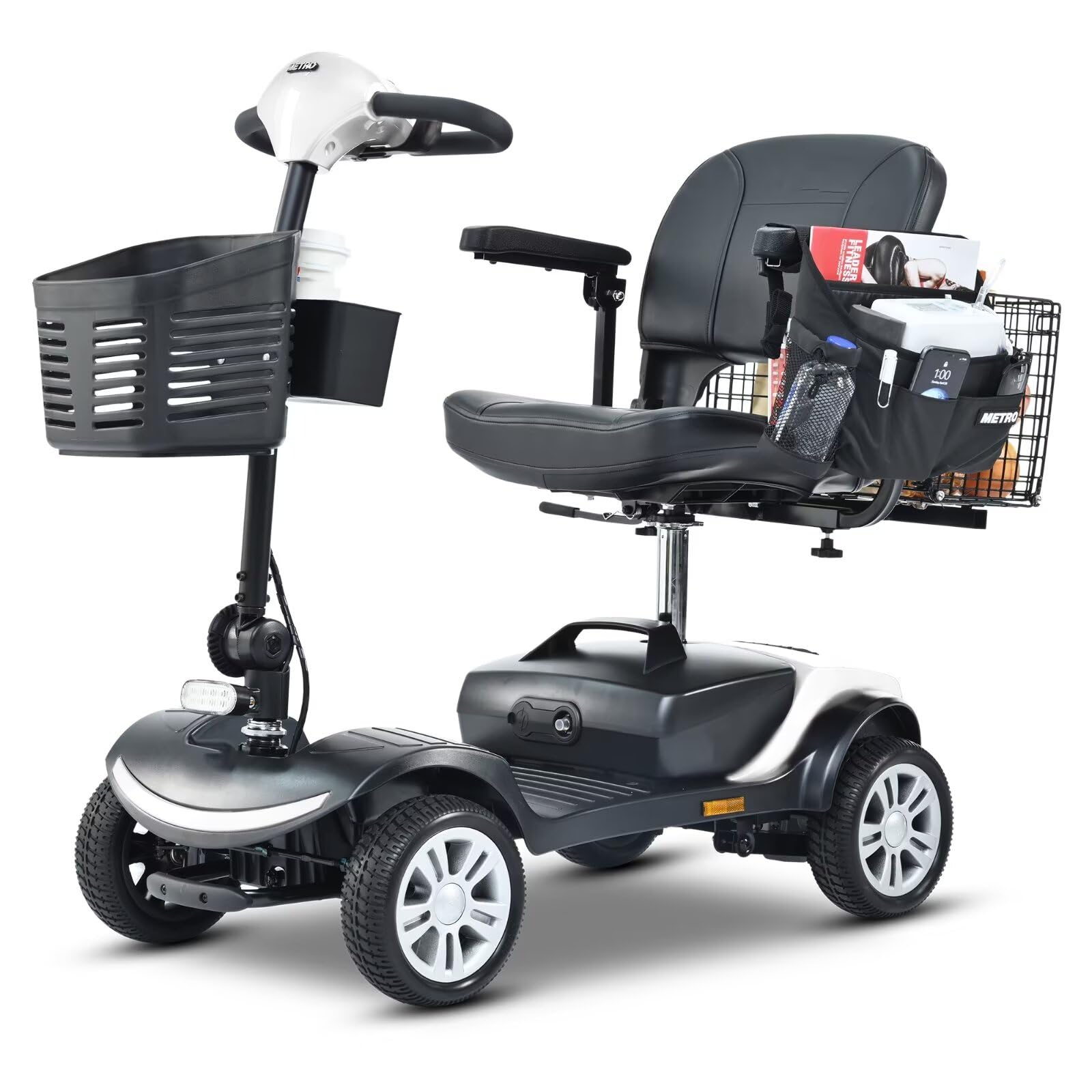 4 Wheel Mobility Scooters for Adults, Folding Mobility Scooter for Seniors, 400 lb Capacity Electric Scooter with Basket, Powered Mobility Scooter for Travel, Long Range Power Battery-White