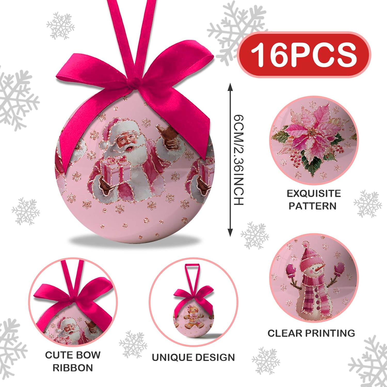 Pink Christmas Decor - Pink Christmas Tree Decorations Snowman Santa Candy Hanging Ornaments Balls, Cute Decorations Ball 2.36 Inch for Xmas Tree Party Home Holiday,Xmas Gifts Set of 16Pcs - Image 2