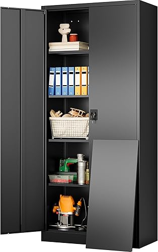 Miniatura 30 de SISESOL Armario de almacenamiento de metal blanco con 5 estantes ajustables, gabinete de metal de 71 pulgadas de alto con puertas con cerradura,