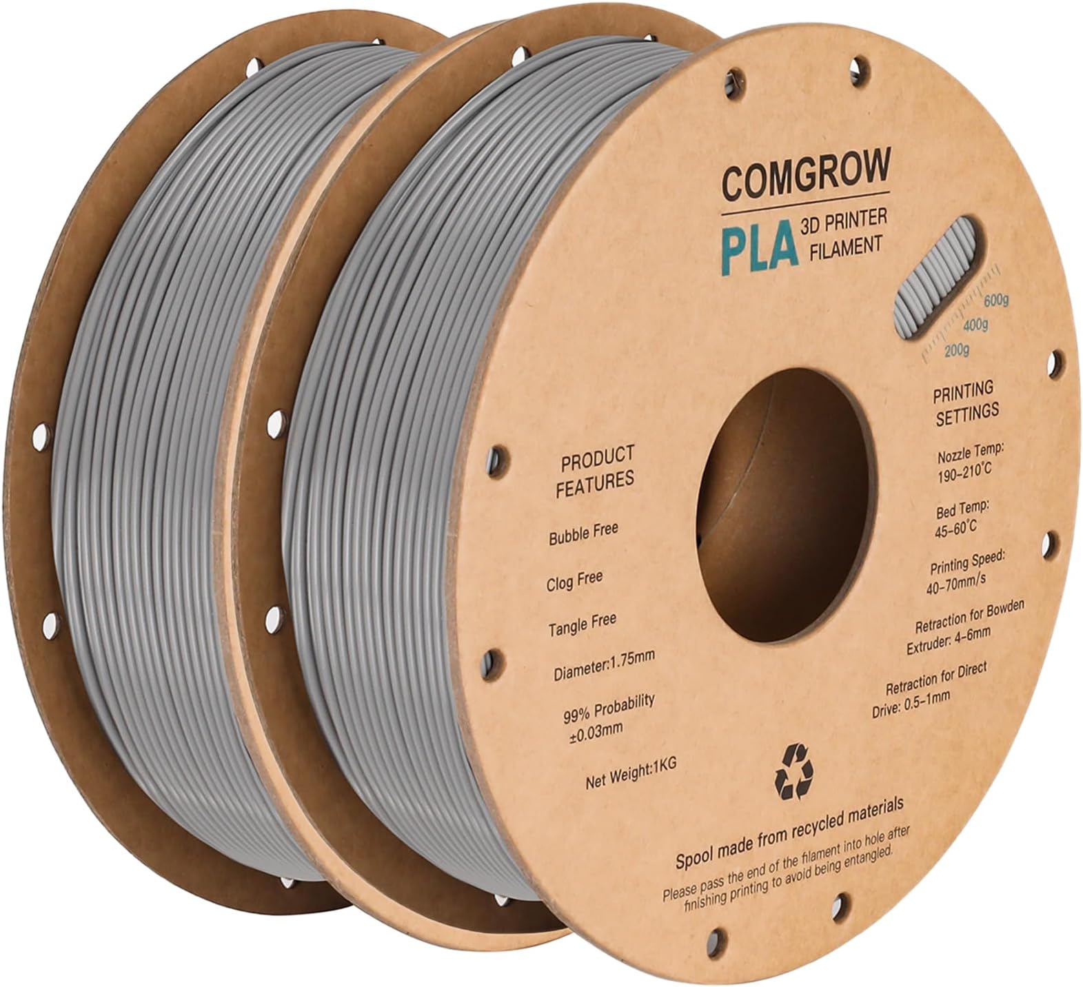 Comgrow PLA 3D Printer Filament, 3D Printer PLA Filament 1.75mm, Dimensional Accuracy +/- 0.02 mm, 2 Rolls of 1KG Spool PLA Grey