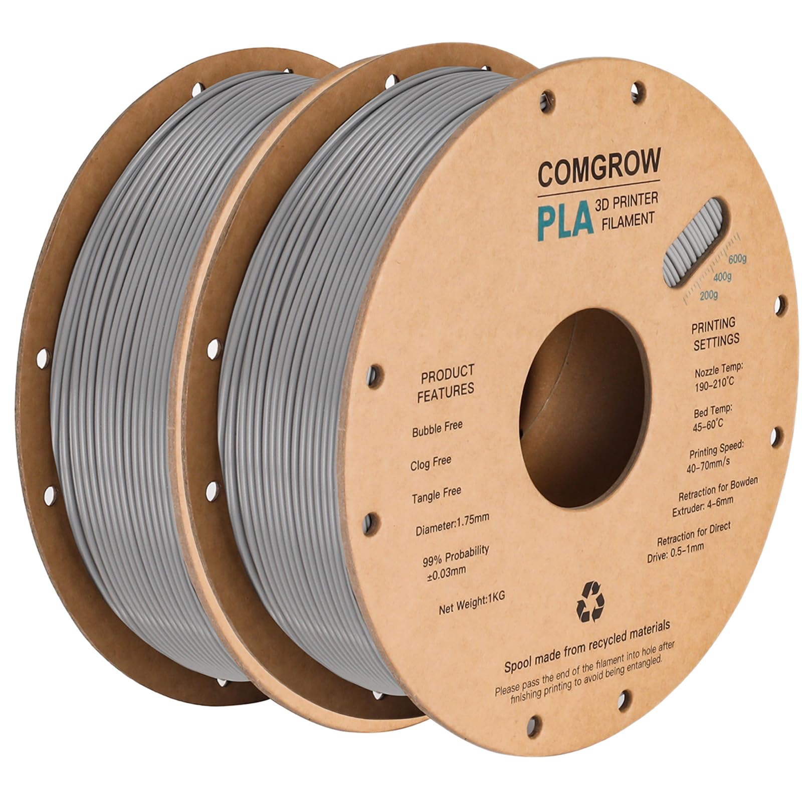 Comgrow PLA 3D Printer Filament, 3D Printer PLA Filament 1.75mm, Dimensional Accuracy +/- 0.02 mm, 2 Rolls of 1KG Spool PLA Grey