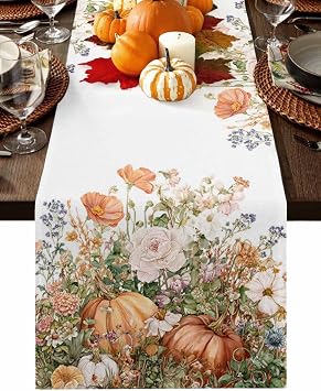 Fall Windflowers Pumpkin Table Runners 72 Inches Long, Cotton Linen Fabric Autumn Thanksgiving Table Runner Dresser Scarf, Orange Pink Floral Tablerunner for Party/Kitchen/Dinner/Wedding 13x72