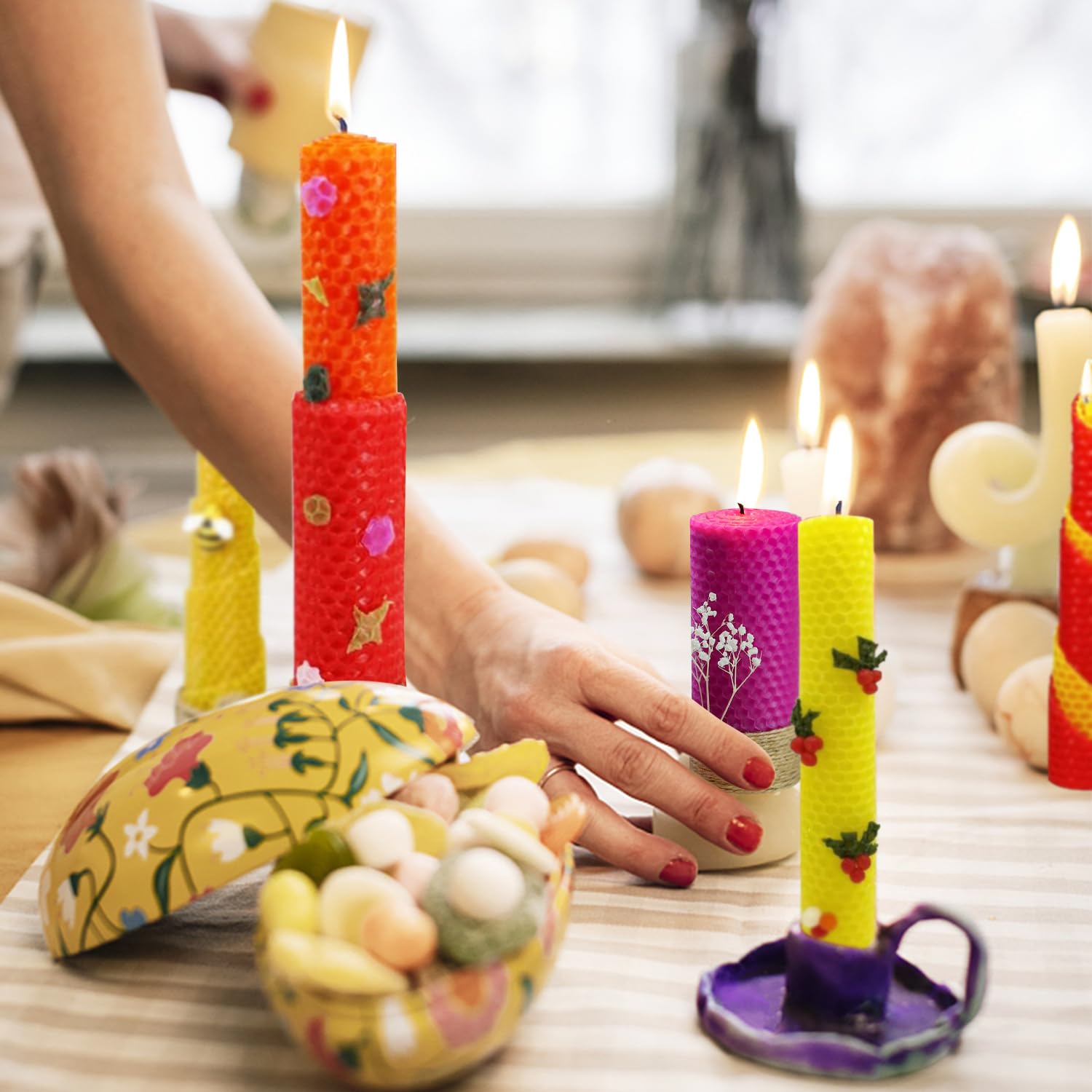 Lucywey Set di fogli cera d'api,12 diversi colori (20 x 20 cm) con stoppino in cotone da 6 m, candele fai da te, per adulti e bambini per candele fatte in casa