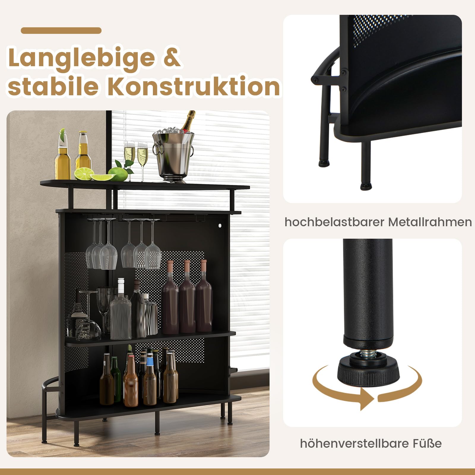 COSTWAY Bartisch Küche, Küchentheke mit Stauraum und Fußstütze, Theke Bar mit Metallrahmen, verstellbare Füße, 110,5 x 48 x 112,5 cm, schwarz