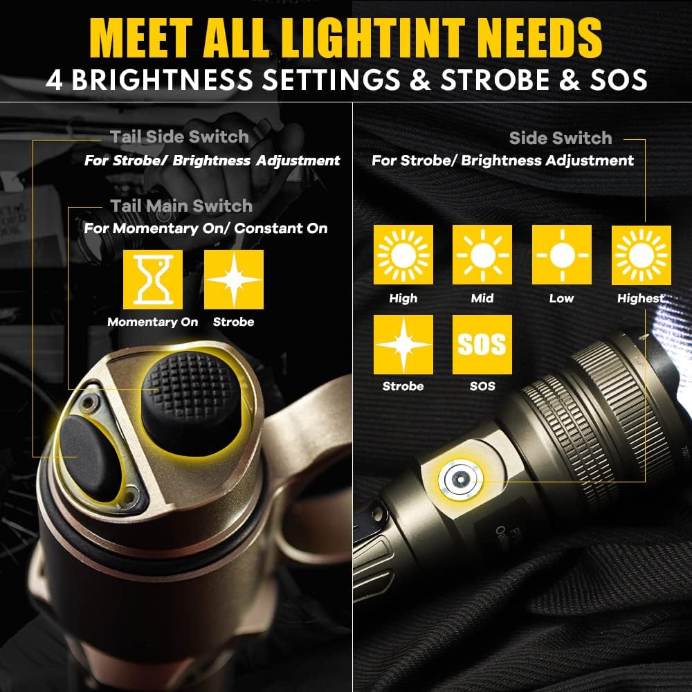 Brinyte PT18 Professional LED Tactical Flashlight 2000 High Lumens, Rechargeable IP68 Waterproof Handheld Lights with Battery, Holster, 360 Meters Long Throw, Ideal for Patrol, Search, Rescue : Sports & Outdoors
