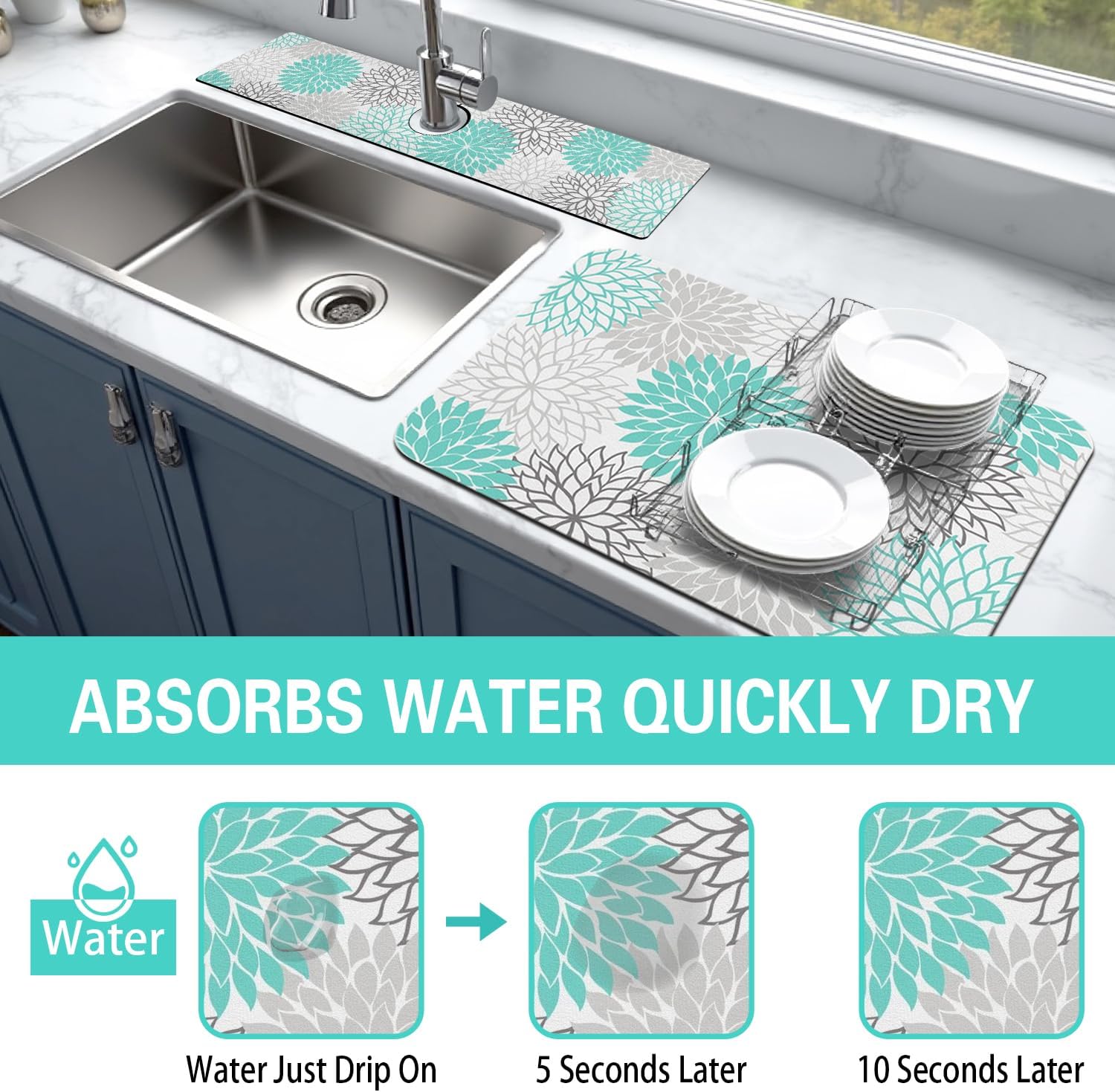 Dish Drying Mat for Kitchen Counter Matt, 2PCS 31.5"x17" Dish Drainer Mat & 24"x5.5" Sink Splash Guard, Super Absorbent Non-slip Rubber Backed