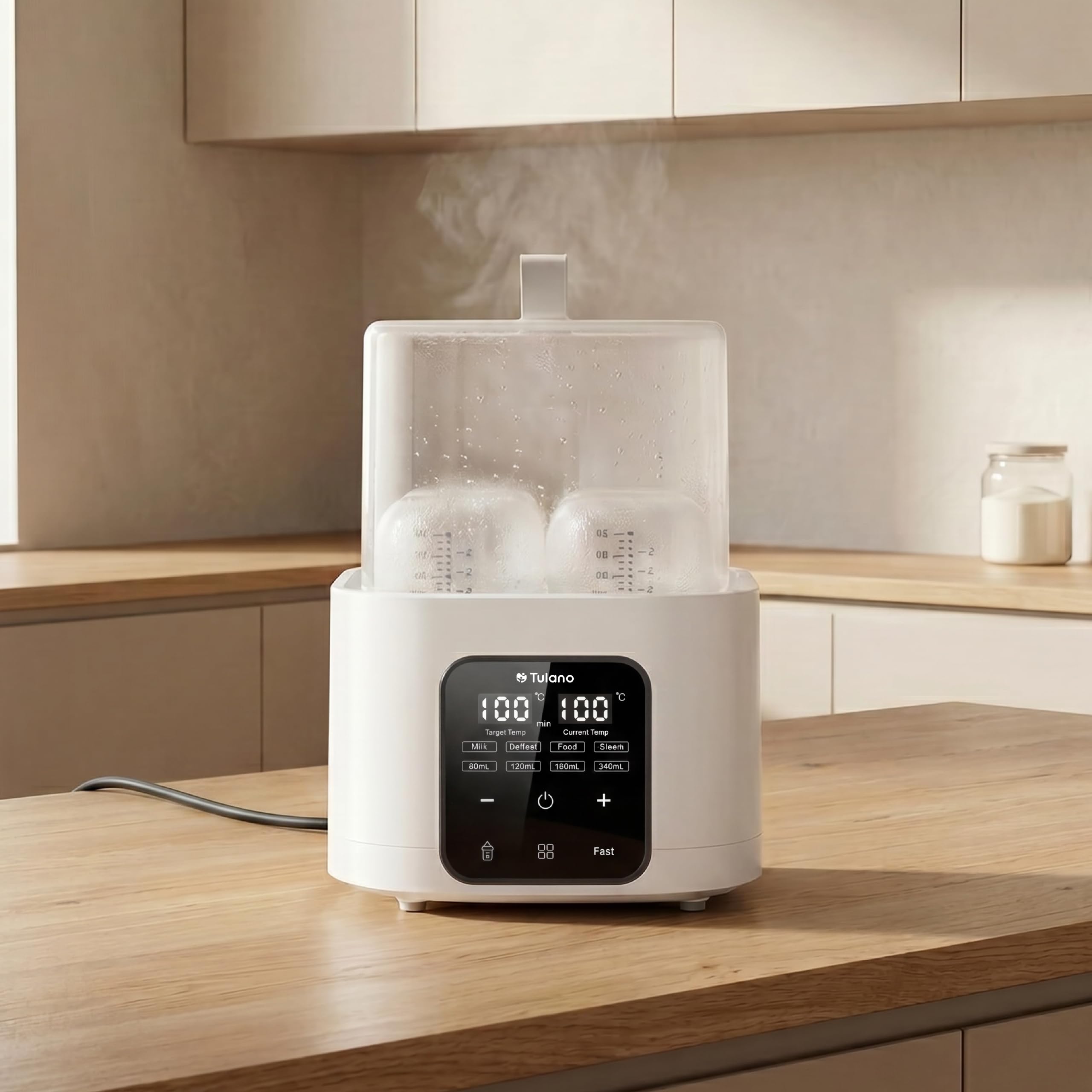 Tulano Ellie 55 8in1 Babykostwärmer mit LCD, Flaschenwärmer Baby, BPA-frei | Sterilisator für Babyflaschen und Fernbedienung – für 4 Fläschchen 60–240 ml – Auftauen und Warmhalten – Weiß