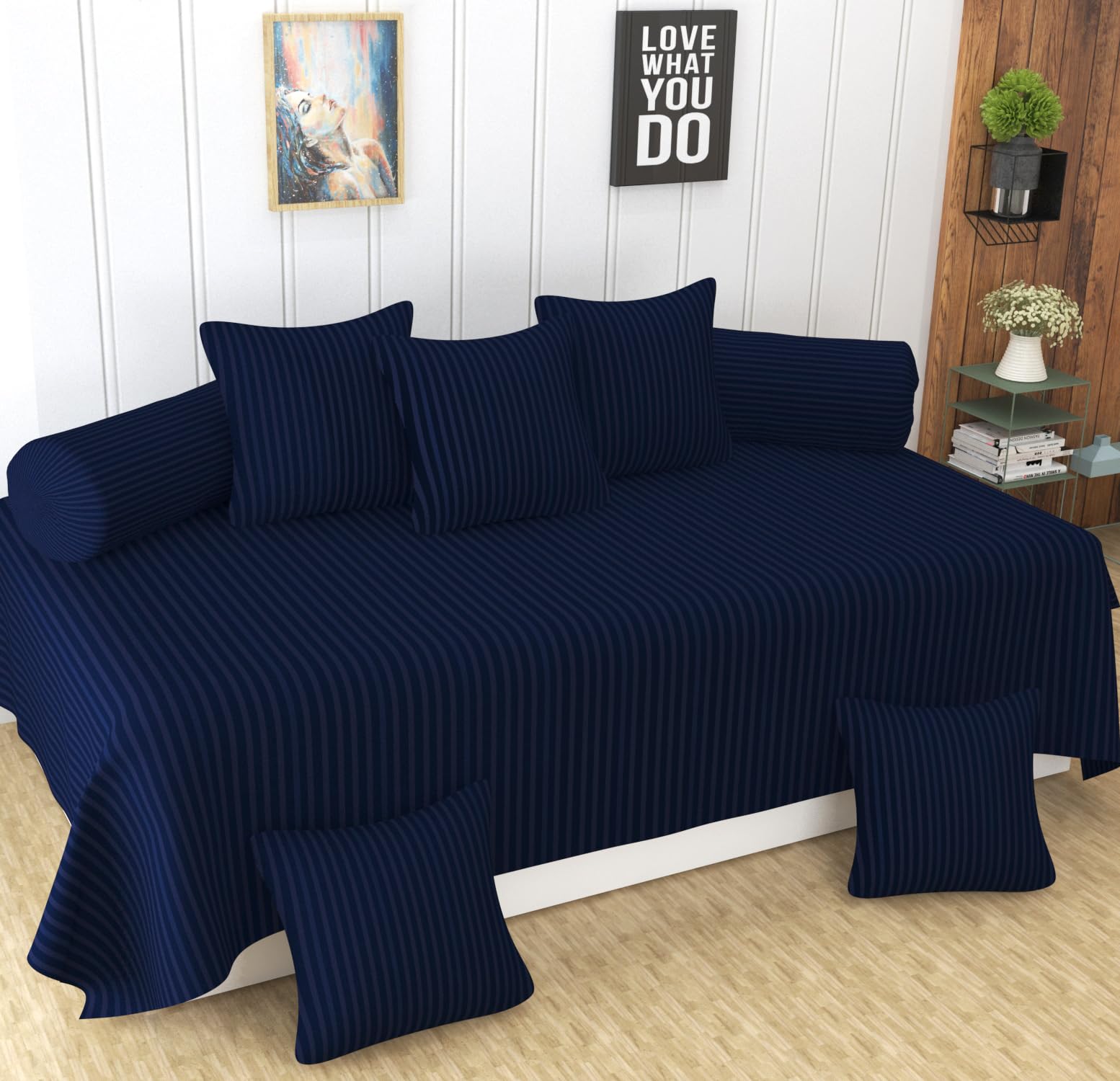 Homefab India 160 Tc Stripe Glace Cotton Diwan Set - 8 Piece - Navy Blue, 1 Bedsheet, 2 Bolster Cover, 5 Cushion Cover