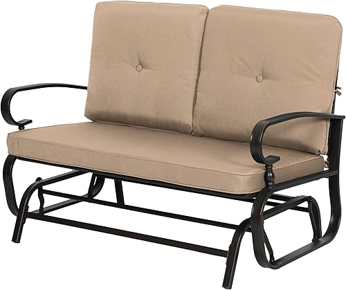 Miniatura 11 de Banco al aire libre para patio, mecedora de 2 asientos, mecedora de hierro forjado para patio exterior con cojín (azul) Azul,Marrón,Gris,Rojo