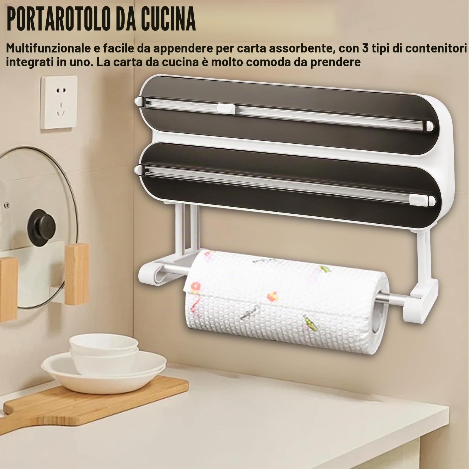 Dispenser di pellicola trasparente 3 in 1 con porta rotolo da cucina, dispenser magnetico di pellicola trasparente con taglierino, dispenser e dispenser per pellicola di alluminio e pellicola