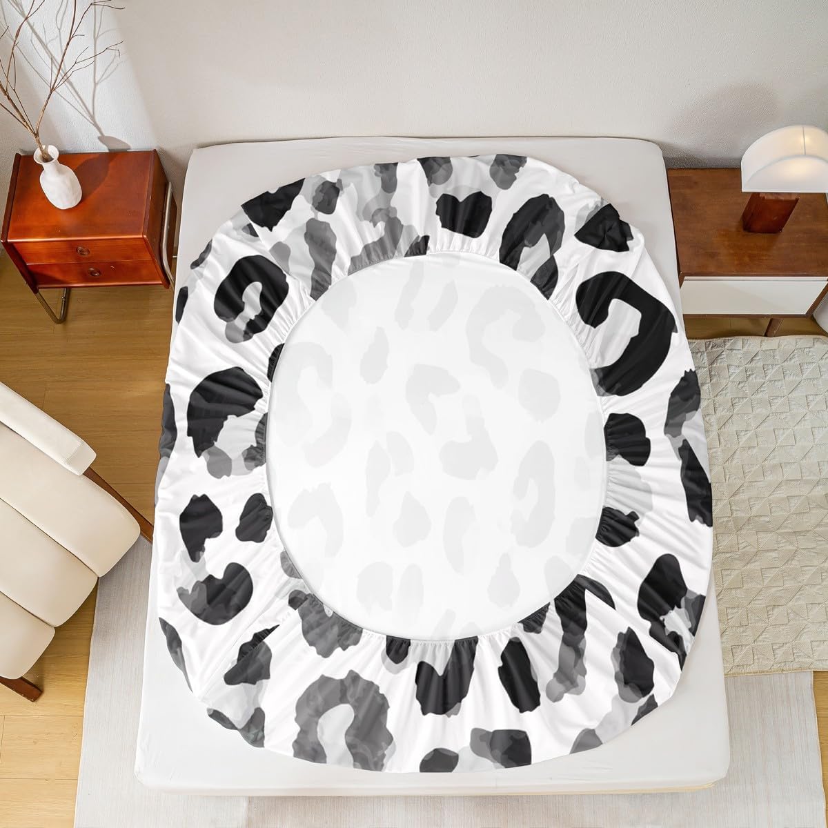 Boys Leopard Fitted Sheet Queen, Cheetah Abstract Art Fitted Bed Sheets for Kids Teens Adult Young Men Bedroom, Black White Dot Bedding Set African Safari Animal Skin Bedding Decor Set Deep Pocket