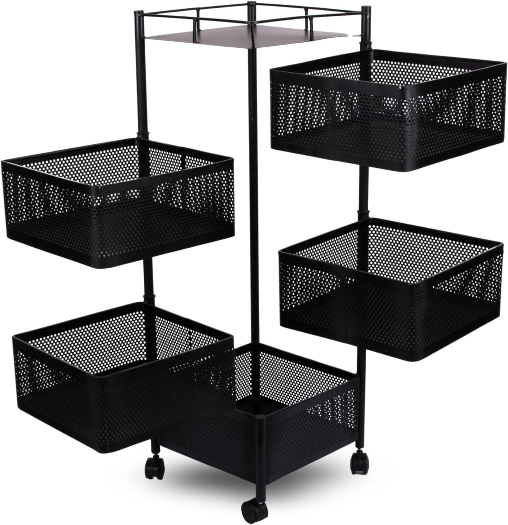 Kitchen Storage Rack | Revolving Vegetable Rack | Square Multipurpose Storage Trolley with Wheels | Metal Fruit Rack (Black, 5 Layer)