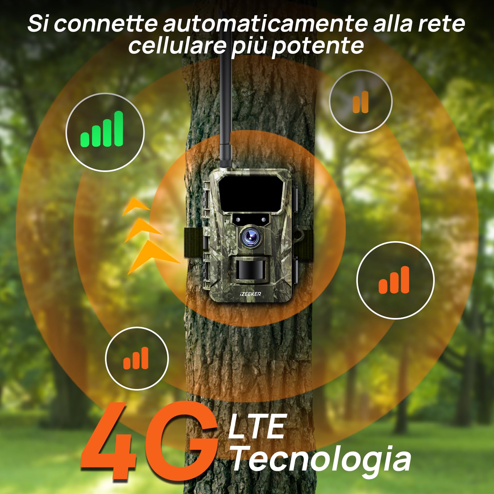 iZEEKER 2 in 1 Fototrappola Cloud 4G & Standard, 2K HD 48MP Fototrappola con Sim Visione Notturna Motion Attivato Senza Wi-Fi Controllo App Time Lapse Registrazione in loop Impermeabile IP66 per Fauna