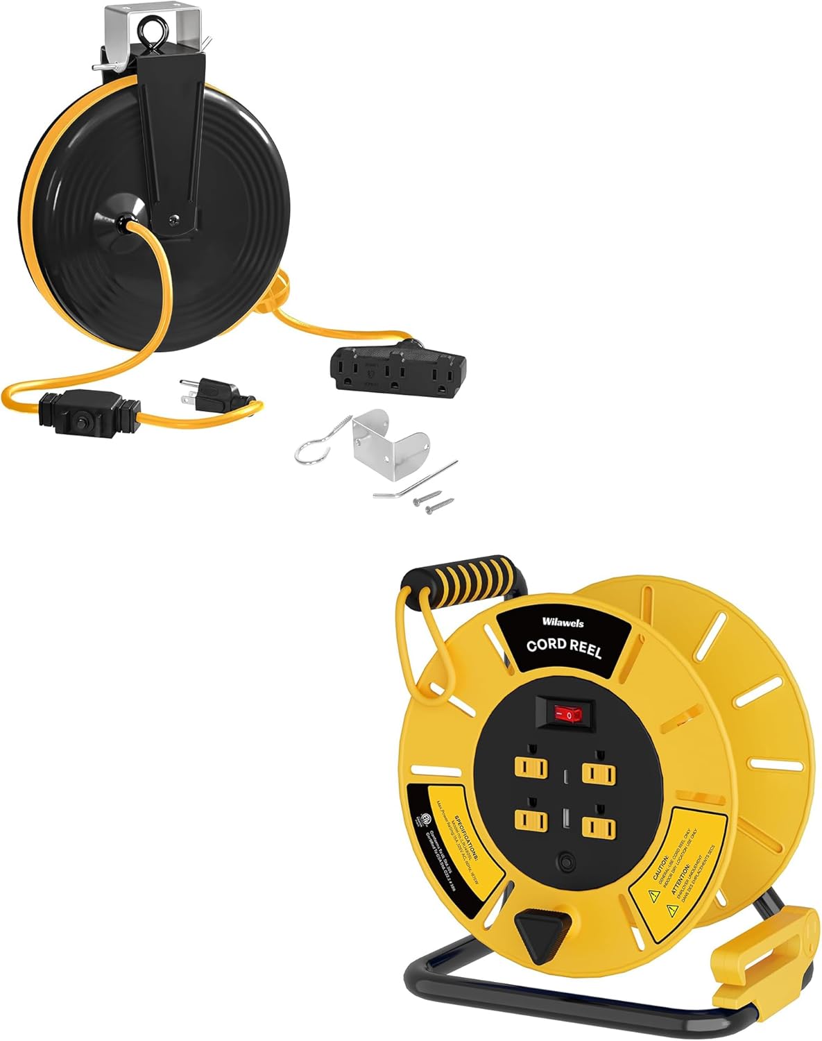 30 FT Retractable Extension Cord Reel and Extension Cord Storage Reel with 4-Grounded Outlet & 2 USB Port Bundle, for Garage and Shop Y30ACR06-Y85CR06