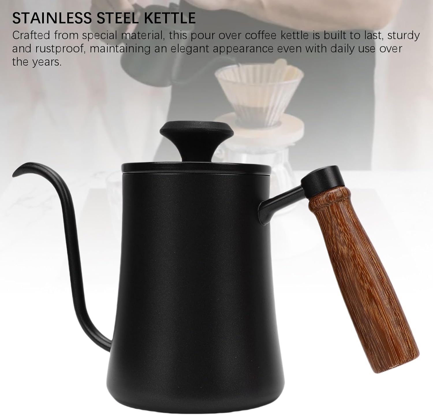 Gooseneck Kettle, Stainless Steel Pour Over Coffee Tea Kettle, Wood Handle with Thermometer, Ideal for Precise Temperature Control, 16.76oz 9.1x5.5in