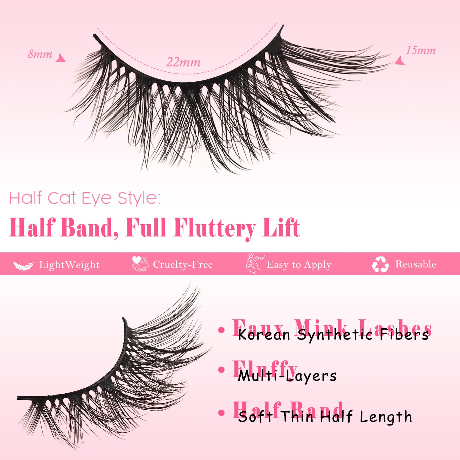 FARRED Halbe Wimpern, natürliche, künstliche Wimpern, Wispy Cat Eye-Streifen, Wimpern, 10 Paar, Kunstnerz, für tägliches Make-up (C10, 8–15 mm)