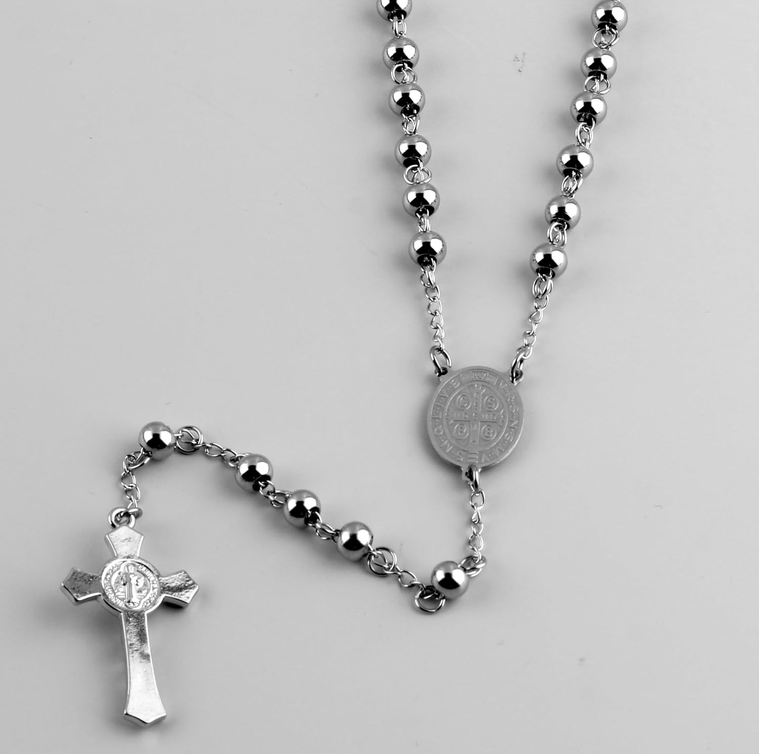 6mm Beads Stainless Steel Saint Benedict and Crucifix Cross Pendant Rosary Necklace with Gift Box - Image 6