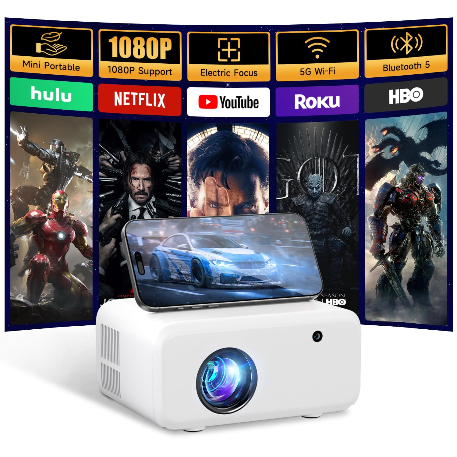 Mini Projector with WiFi and Bluetooth - 2025 Upgraded, 1080p Video Supported, 13000L, HiFi Speaker, Long-Life Lamp, Multi-Device Compatible - Create Your Portable Home Cinema for Bedroom