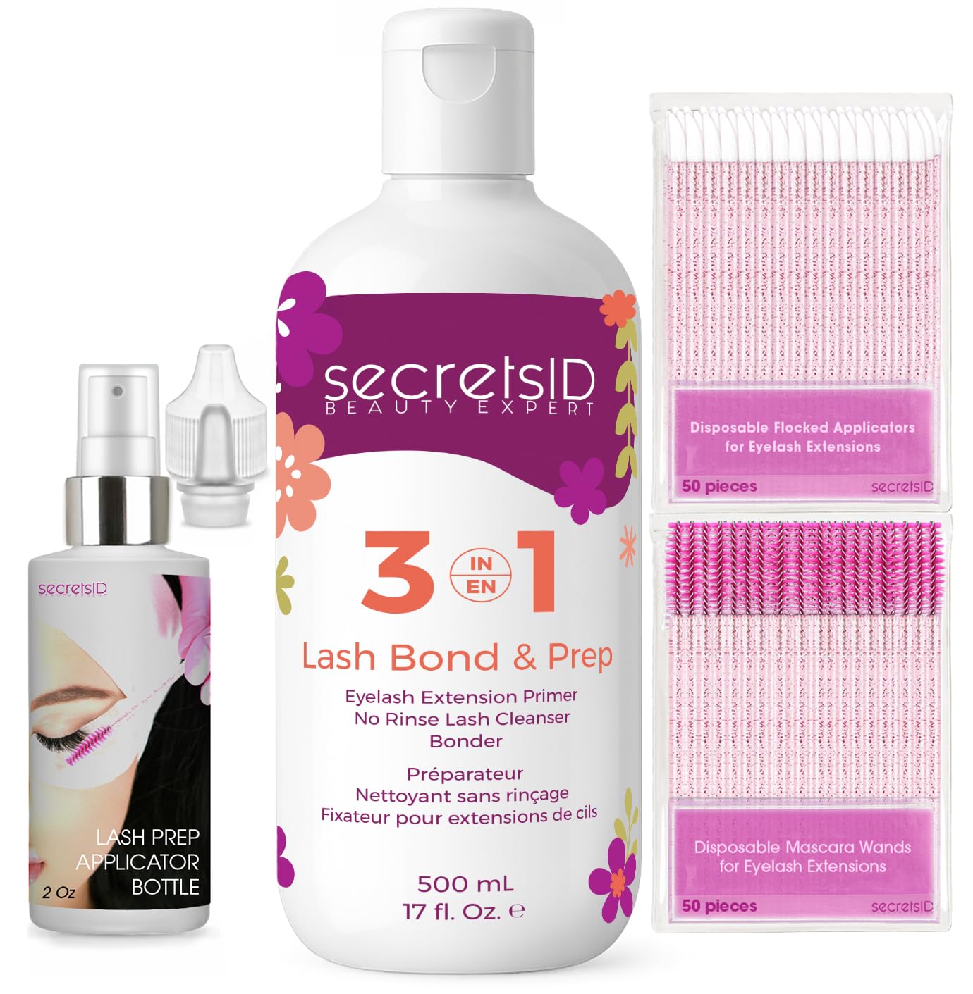 3 in 1 Eyelash Extension Primer Bulk 16 Oz - No Rinse Lash Cleanser and Bonder - Made in America Kit with 100 Wands for Lash Technicians and Brow Stylists for Optimal Retention - Fragrance Free
