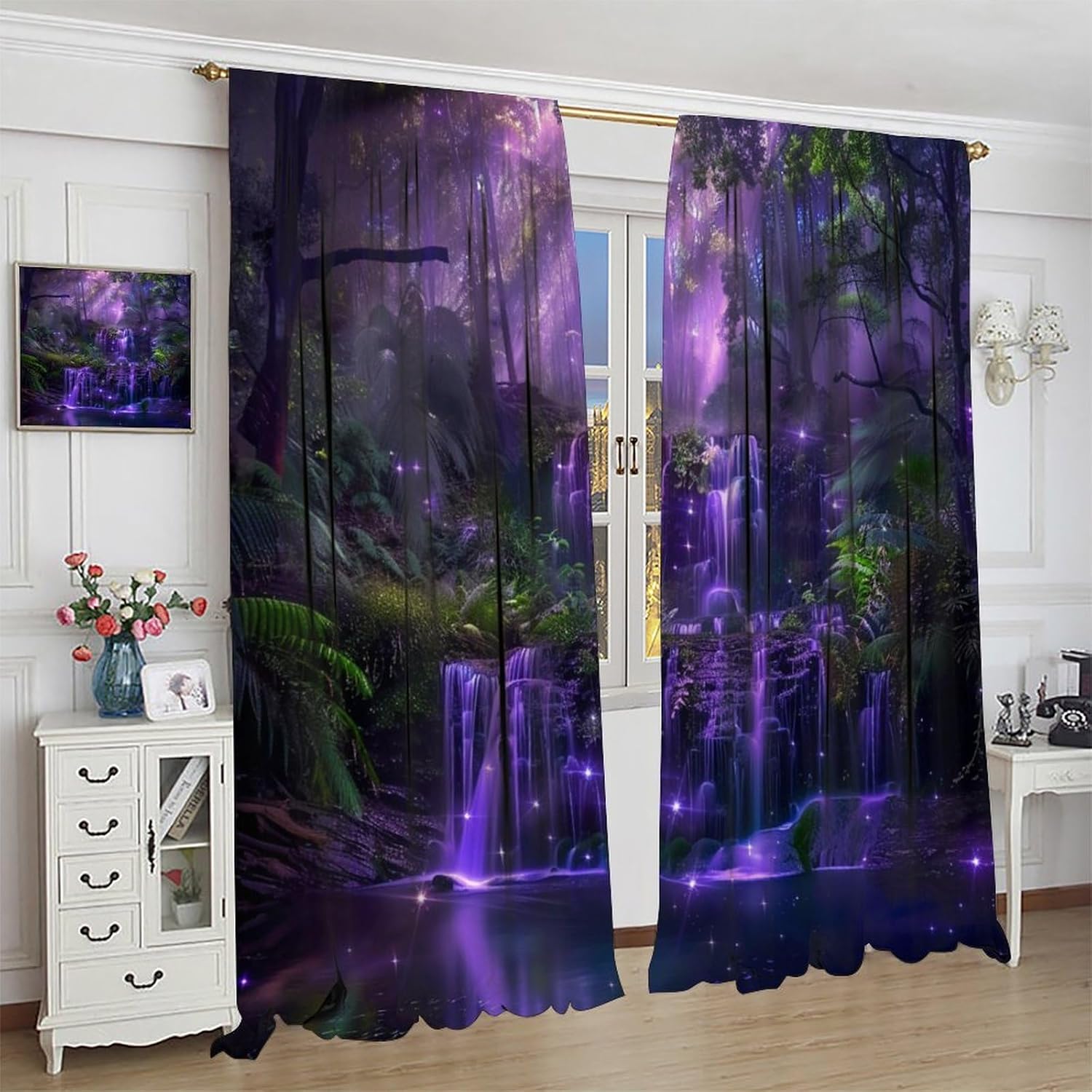 Enchanted Forest Curtains Fantasy Nature Purple Fireflies Waterfall Pattern Blackout Print Rod Pocket Window Drapes for Bedroom Living Room 42x45in