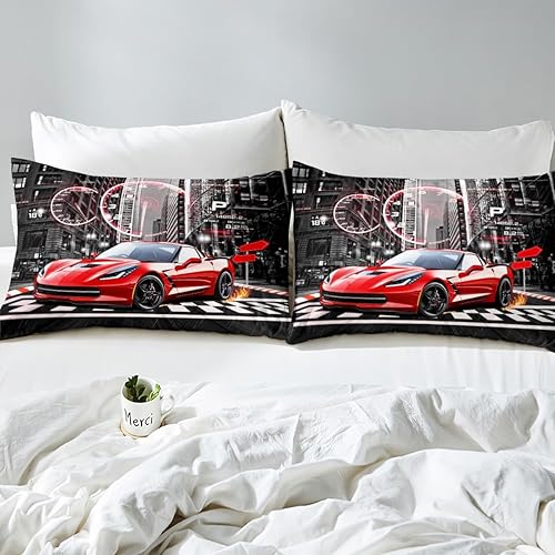 Vista 153 de Feelyou Juego de ropa de cama de coche de carreras y avión en blanco y negro – Funda de edredón y funda de edredón para niños y adolescentes