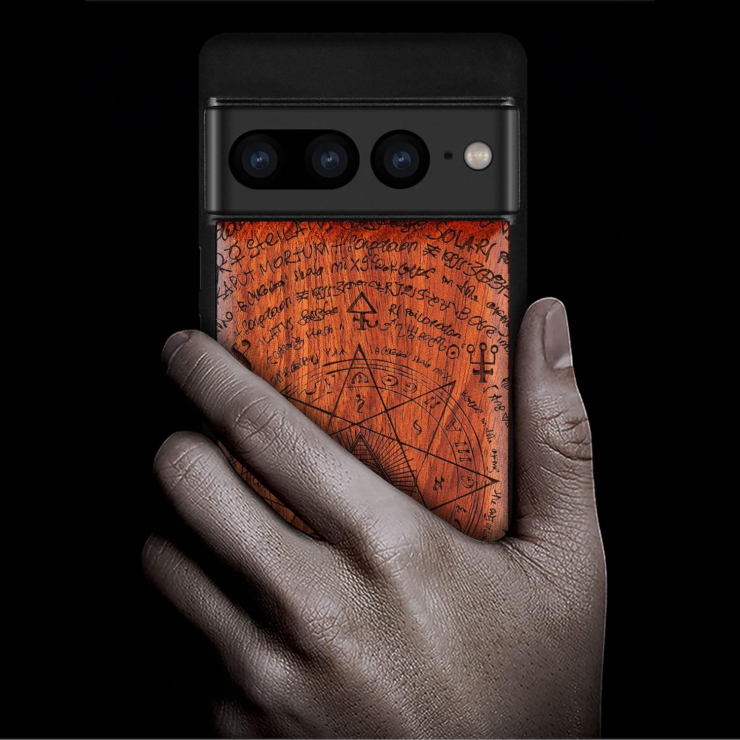 Carveit Wood Case for Pixel 7 Pro Case [Natural Wood & Black Soft TPU] Shockproof Protective Unique & Classy Wooden Cover Compatible with Google Pixel 7 Pro (All-Seeing Eye-Rosy)