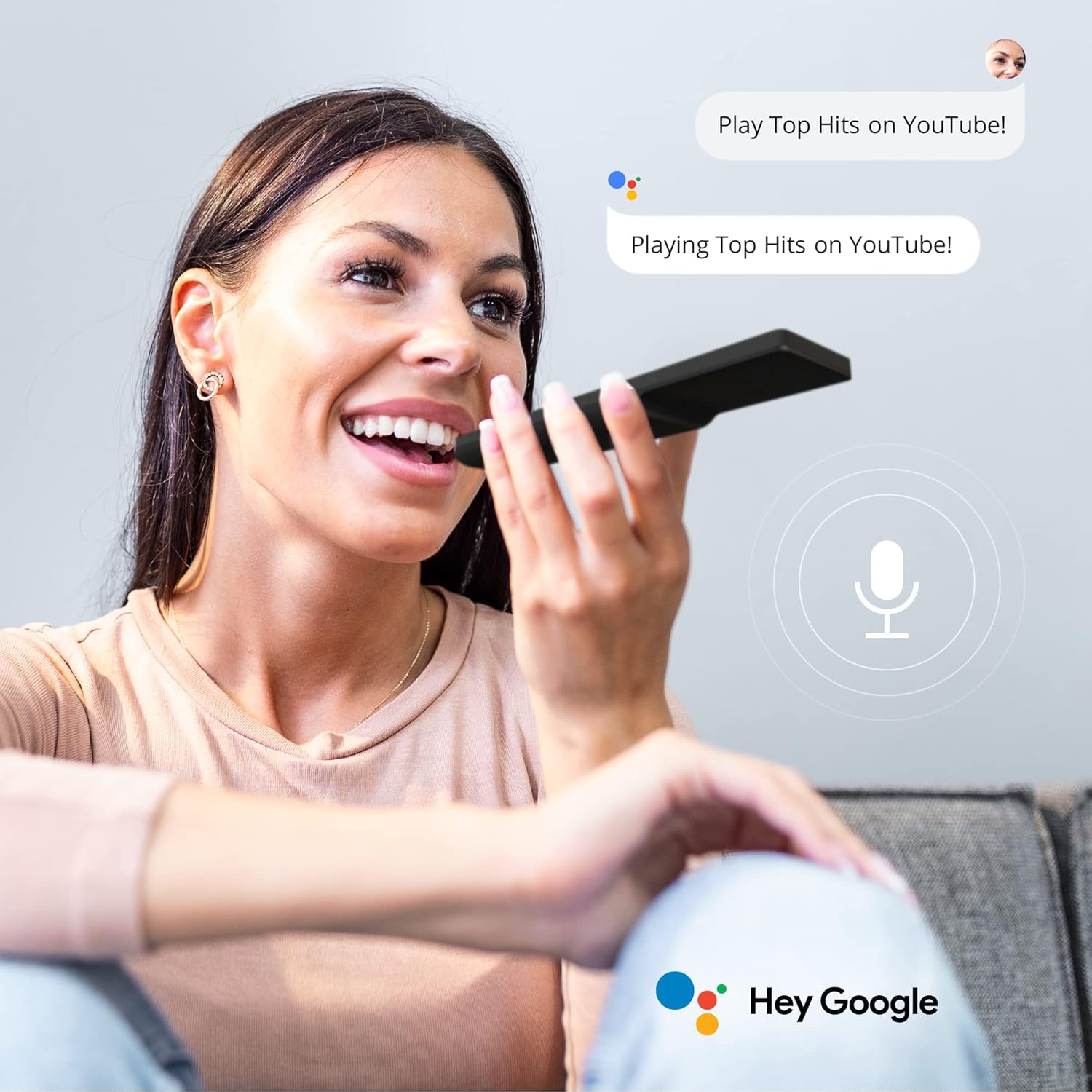 User interacting with Google Assistant on Nokia Smart TV remote