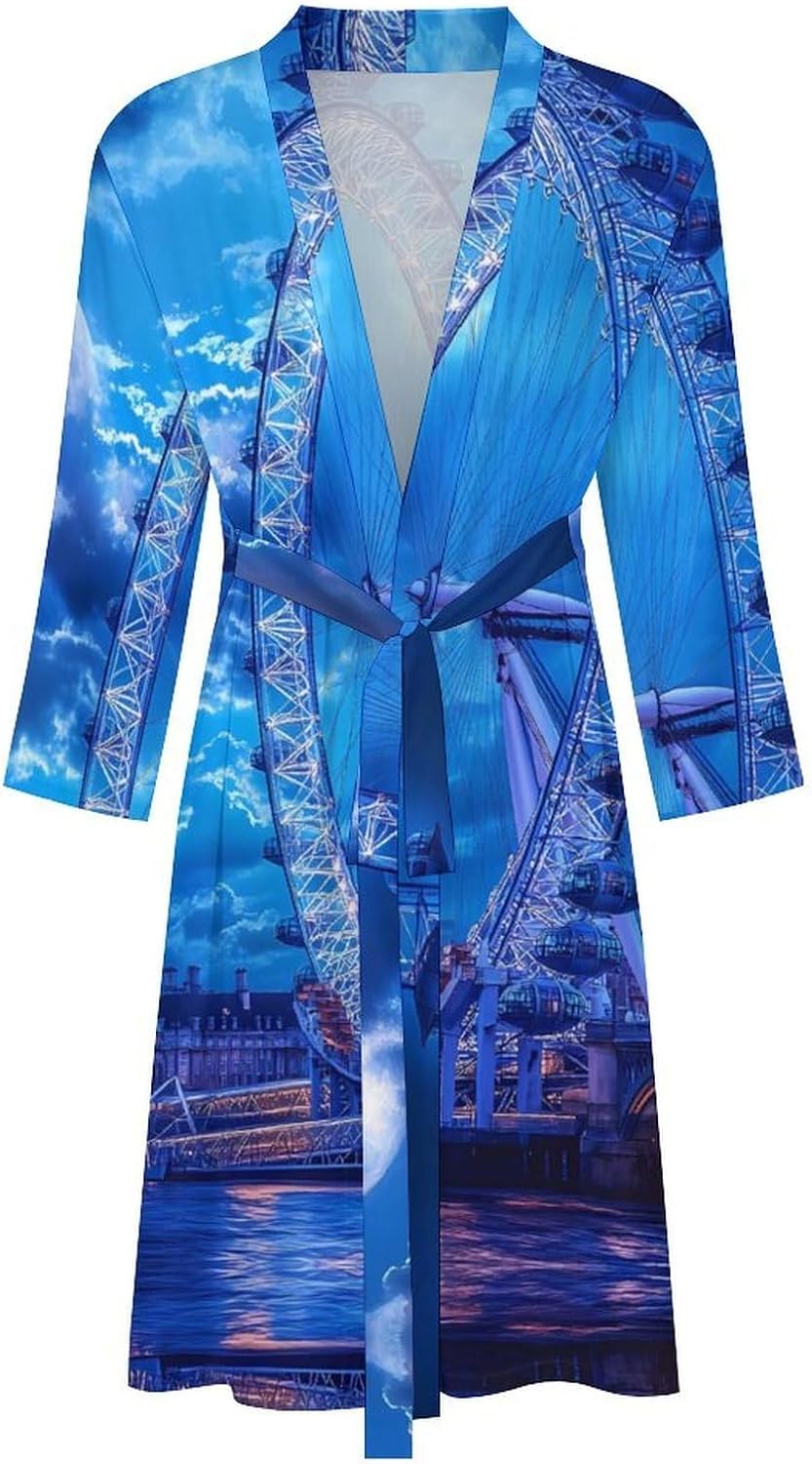 London Eyes in Night Moon Mens Robe Long Bathrobe for Women Bath Robes Lightweight Soft Printed Sleepwear