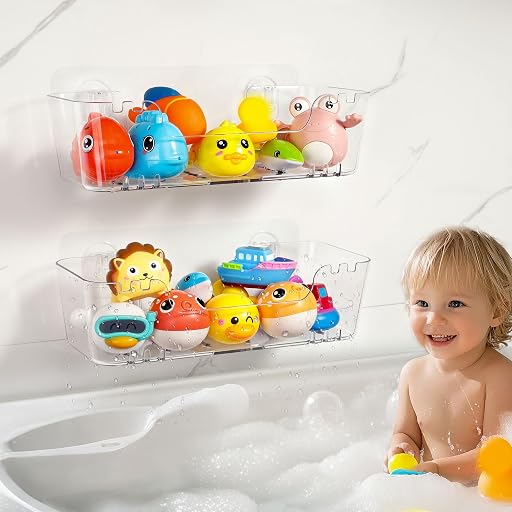 Bath Toy Storage Organizer 2 Pack, Bath Toy Holder with Drain Holes | Durable Plastic Bathtub Toy Storage for Bathroom, Quick-Dry Drainable Shower Caddy, Easy to Clean and Install