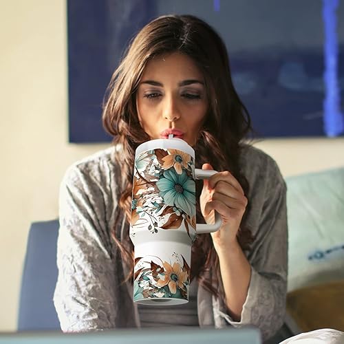 Miniatura 6 de Vaso de viaje floral de acero inoxidable de 40 onzas con asa, taza aislada al vacío de doble pared con tapa y popote