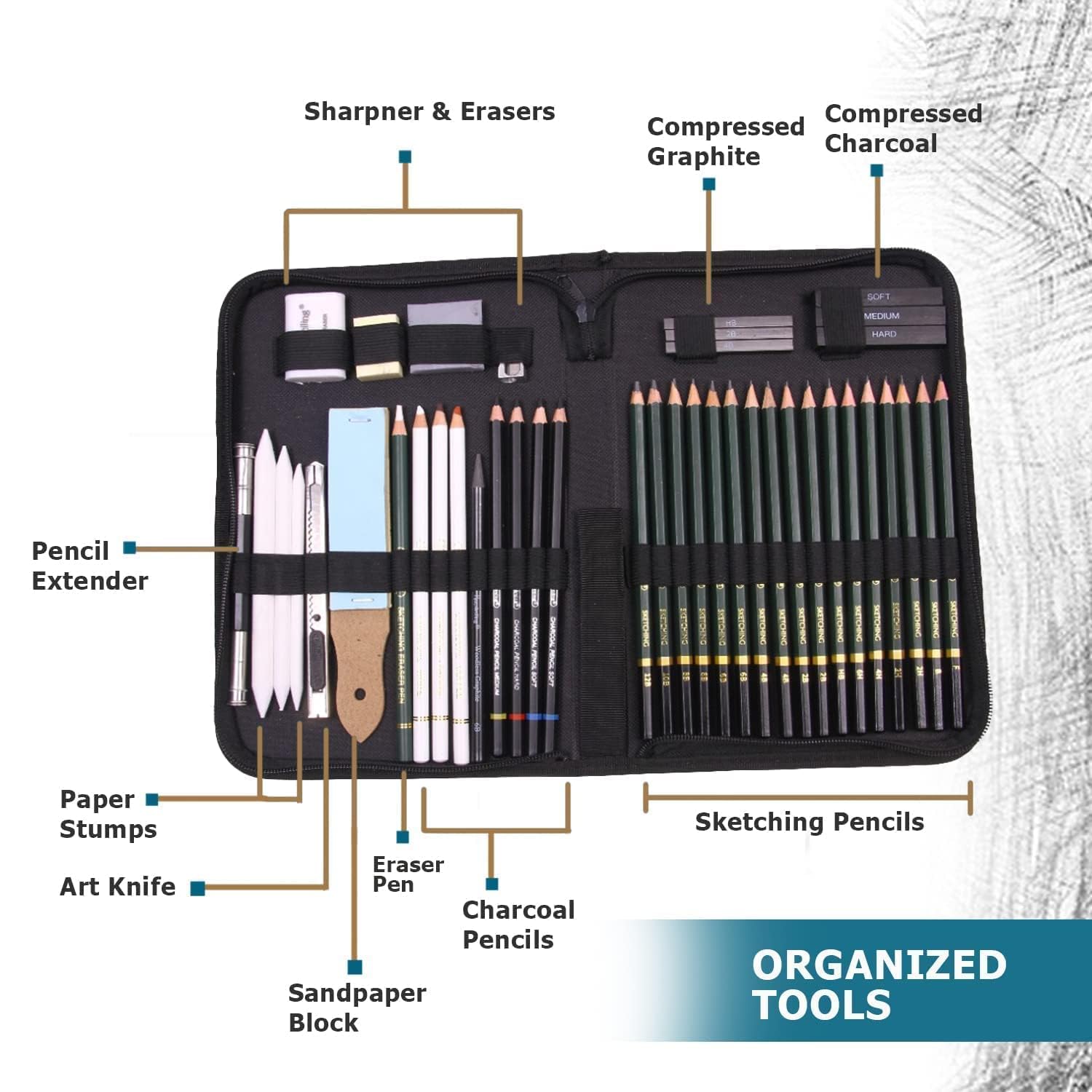MGS CRAFT VIBES_42 Pcs Professional Drawing Sketching Artist Art Tool Kit Art Supplies for Sketching Pencil Shading-Gift for Kids Adults Beginner,Graphite Charcoal Pencils Set for Artists (Black) 2