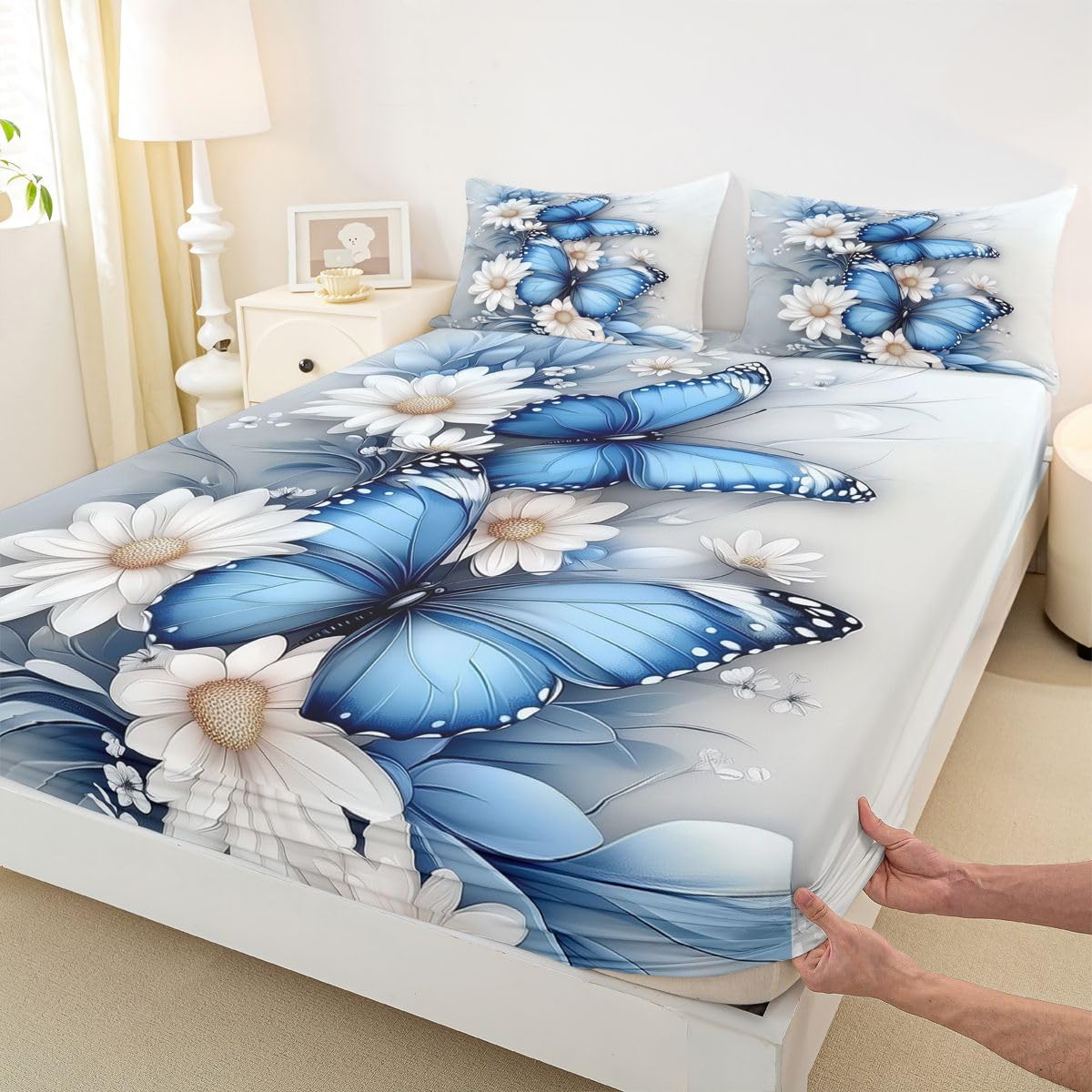 Manfei Juego de sábanas bajeras de 3 piezas, diseño botánico de flores florecientes, estilo rústico de granja con 2 fundas de almohada, decoración de habitación de niños y niñas, ropa de cama suave