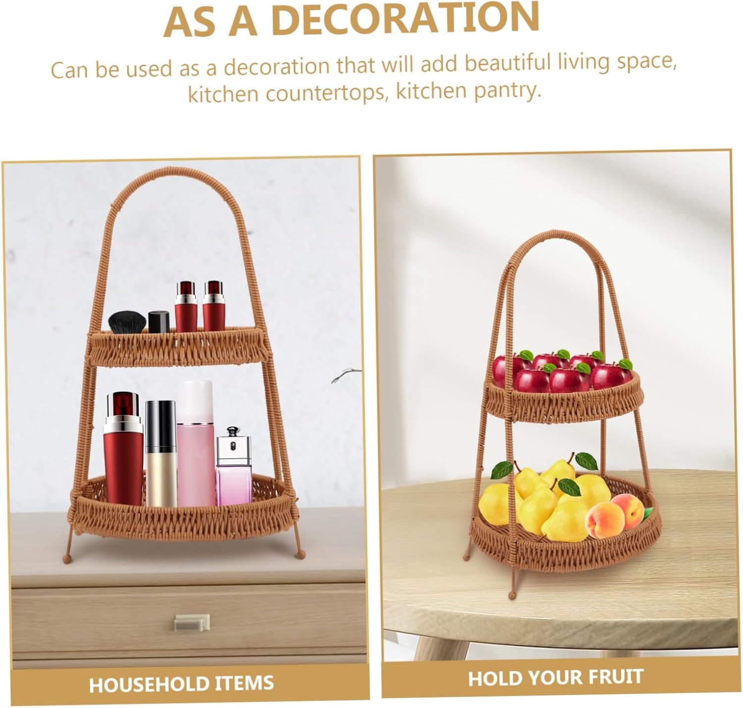 DECHOUS 1piece Woven Hand Basket for Serving Snacks and Desserts Two-tiered Storage Tray Retro Brown for Fruits and Pastries Restaurants and Homes